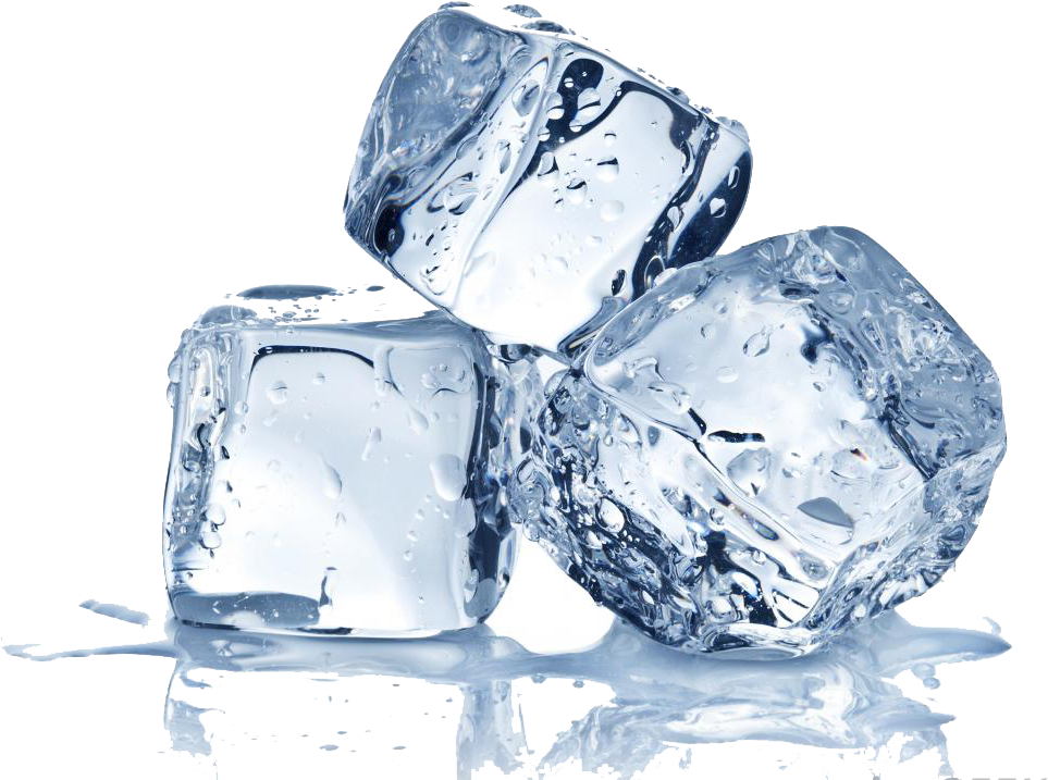 Ice Cube 桌布 壁紙 — 三塊閃閃發光的冰塊，帶有融化的水滴，放置在反射表面上，背景為純黑色。