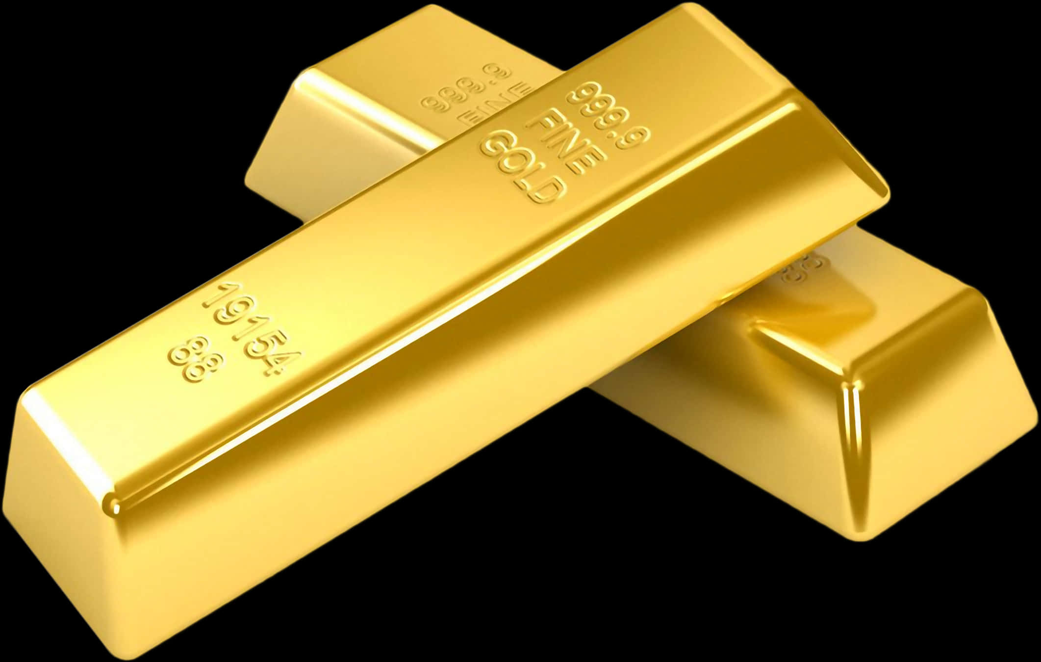 Gold Bars 桌布 壁紙 — 三塊閃閃發光的金條，帶有雕刻標記，斜靠在純黑背景上。