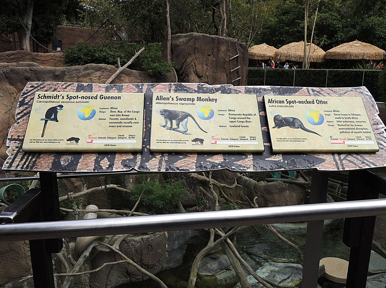 動物 桌布 壁紙 — 三塊關於非洲野生動物物種的資訊牌，展示在動物園圍欄內，背景有岩石地形和茅草小屋。