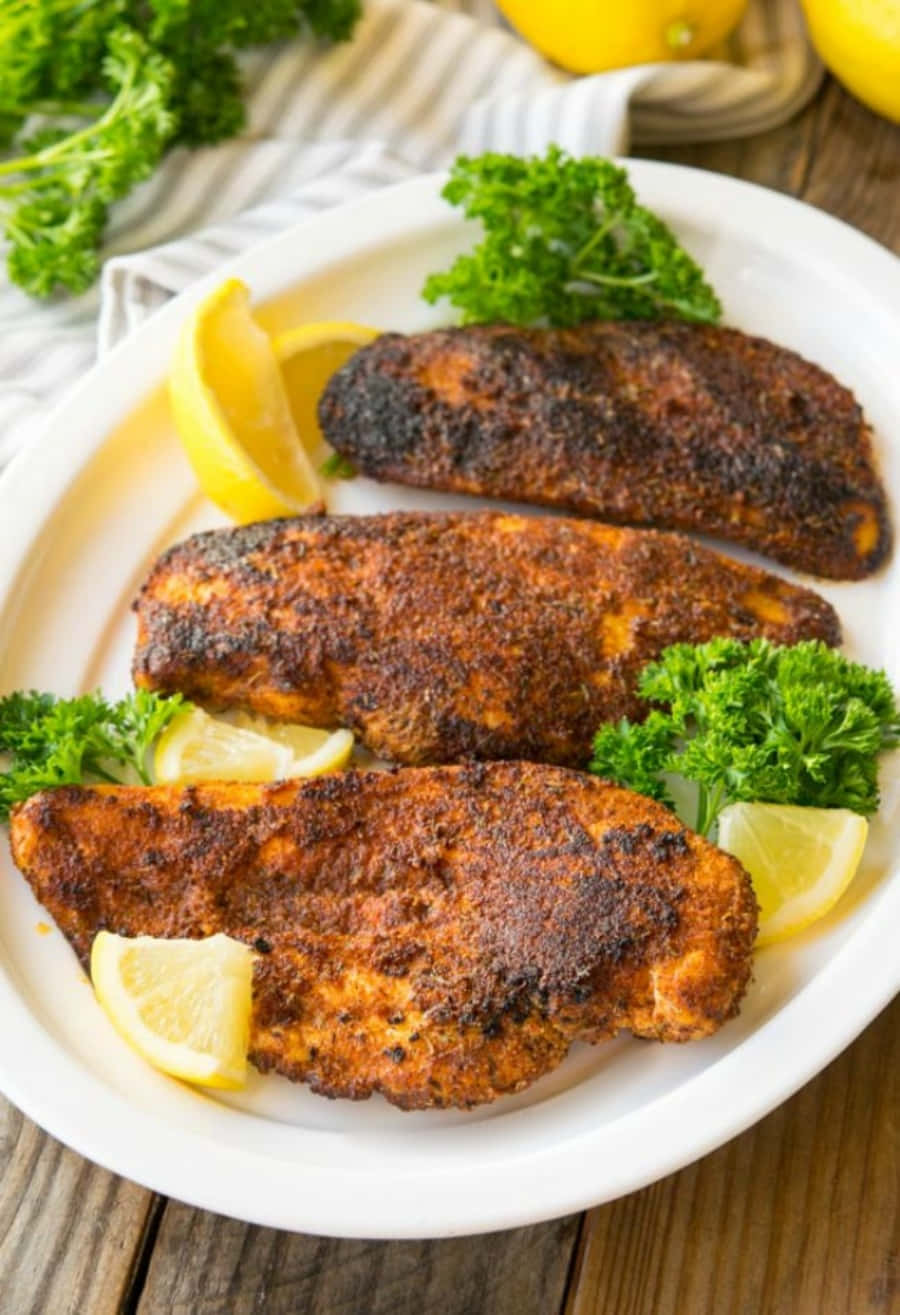 Blackened Chicken 桌布 壁紙 — 三塊香脆調味雞胸肉，搭配檸檬角和新鮮歐芹，放在白色盤子上。