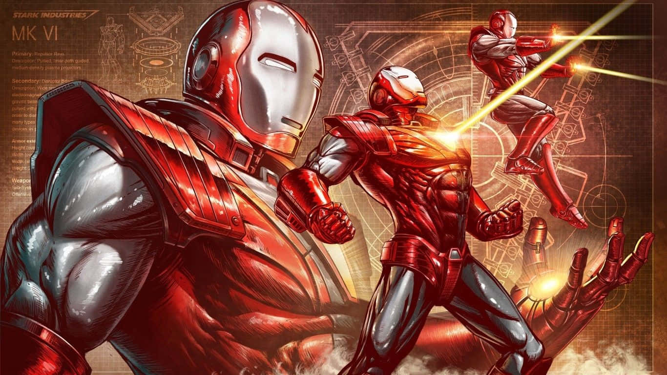 1366x768 Marvel 桌布 壁紙 — 三套紅銀色裝甲的鋼鐵人套裝，在科技示意圖背景下以能量光束戰鬥。