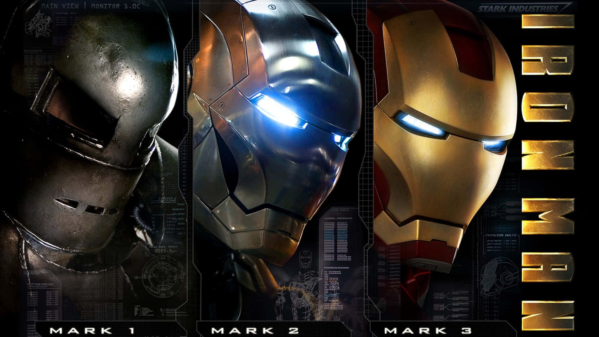 Superhero Movies 桌布 壁紙 — 三套鋼鐵人裝甲 Mark 1、2 和 3 並排展示，帶有發光的眼睛和科技HUD覆蓋層。