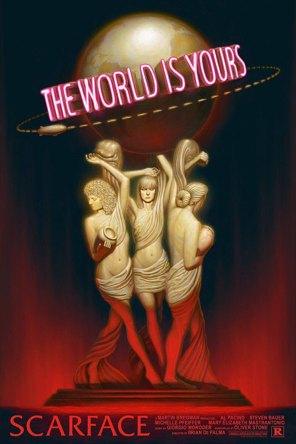 電影動圖 桌布 壁紙 — 三尊古典雕像披著紅色帷幔，在一個寫著「THE WORLD IS YOURS」的霓虹燈牌下舉起一個發光的地球，背景為深紅色。