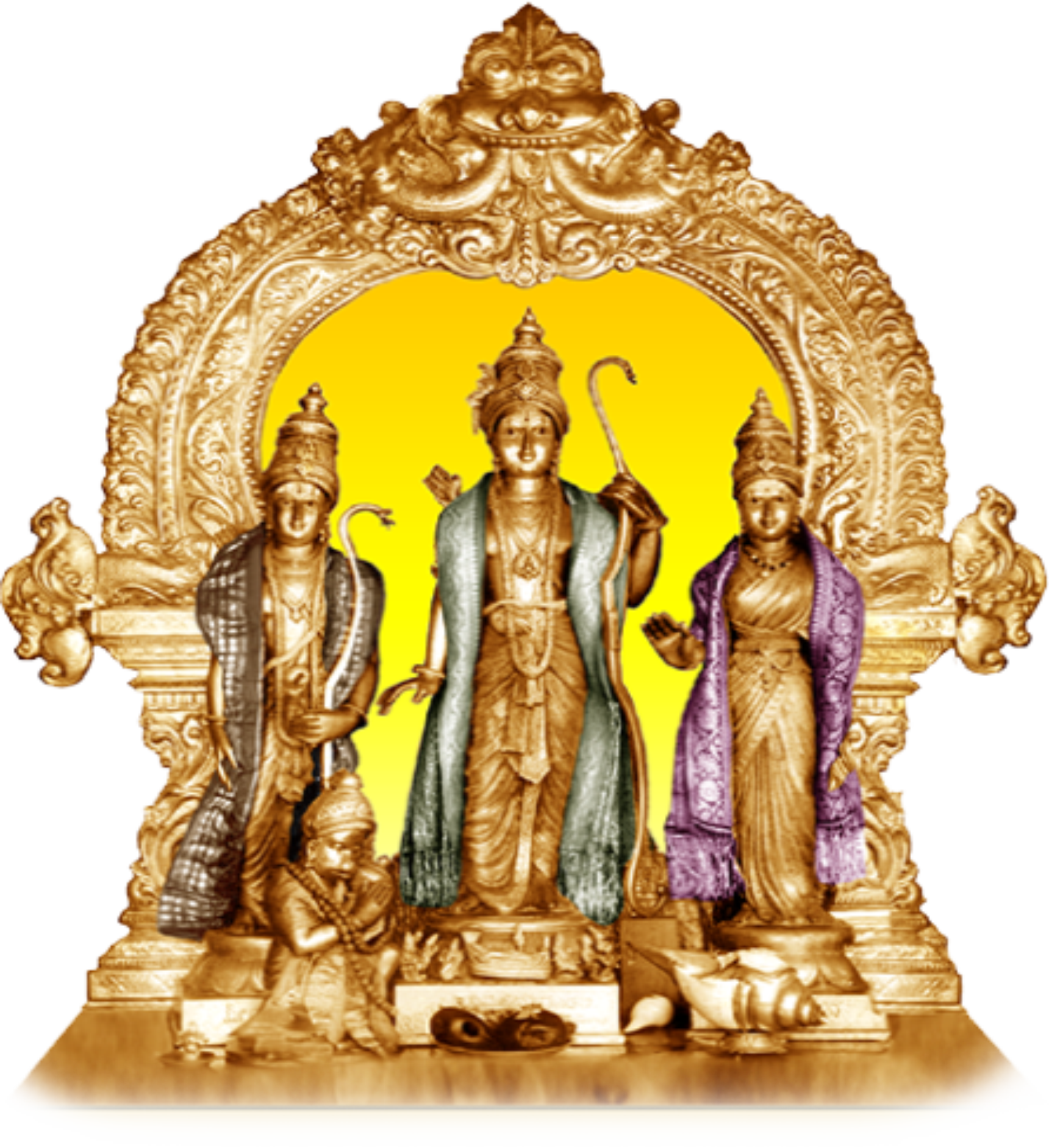 Rama Navami 桌布 壁紙 — 三尊華麗的金色印度教神祇站在一個豪華的拱形神龕內，背景是燦爛的黃色。