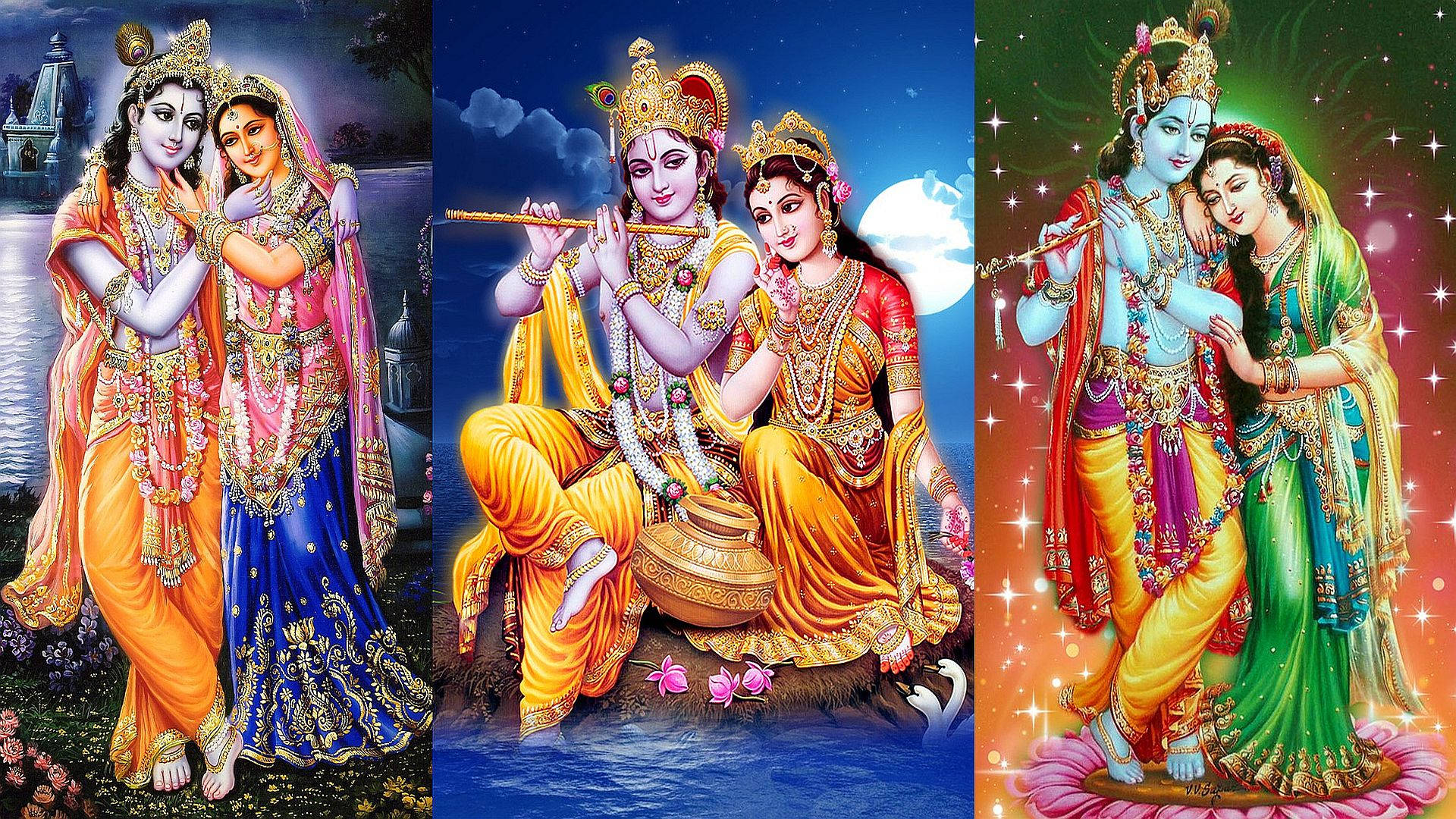 krishna bhagwan 桌布 壁紙 — 三對神聖情侶身著華麗傳統服飾，在閃爍星辰與流水環繞的天界背景下優雅擺姿。