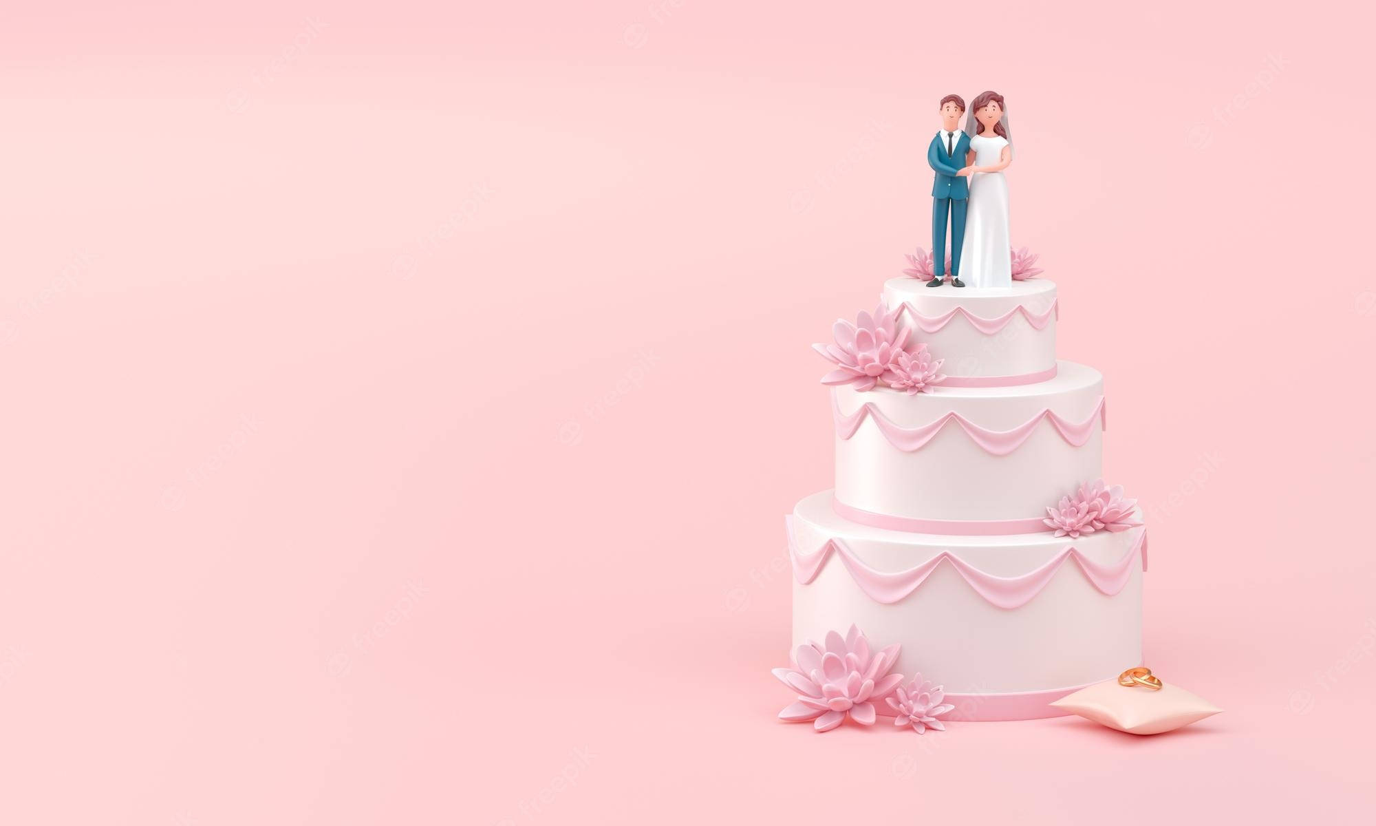 Wedding 桌布 壁紙 — 三層粉紅色結婚蛋糕，頂部有一對新人公仔，飾有粉紅色花朵和旁邊的戒指枕頭。