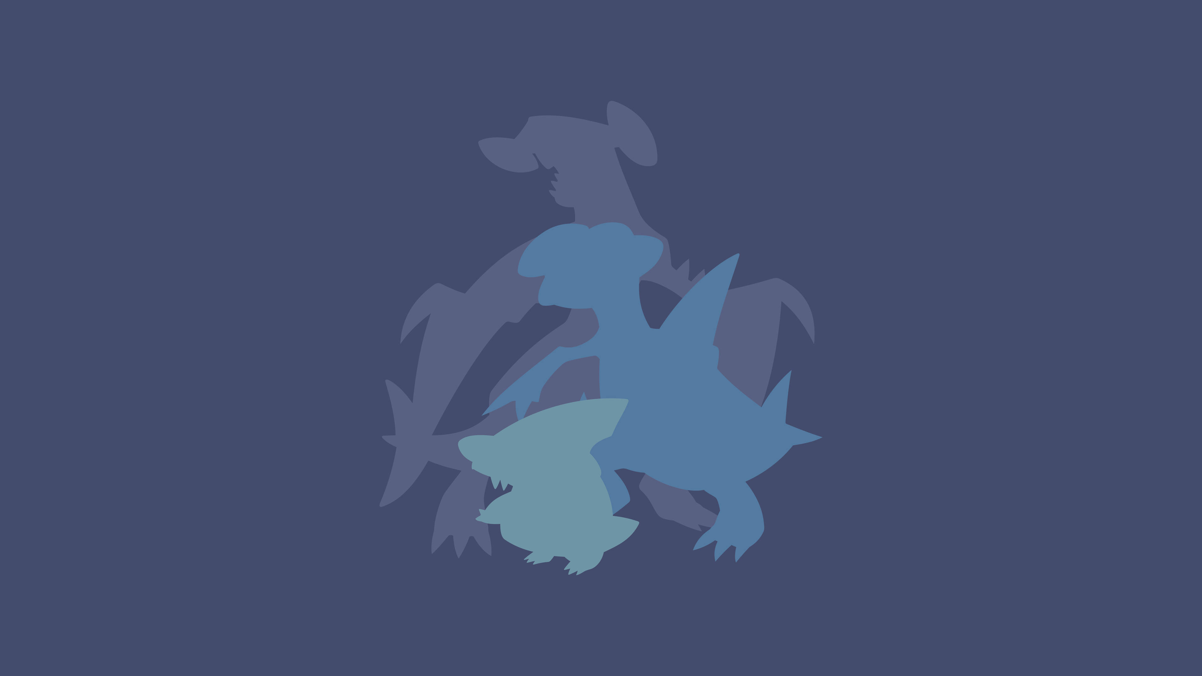 Garchomp 桌布 壁紙 — 三層藍色龍形生物剪影重疊在純深藍色背景上。