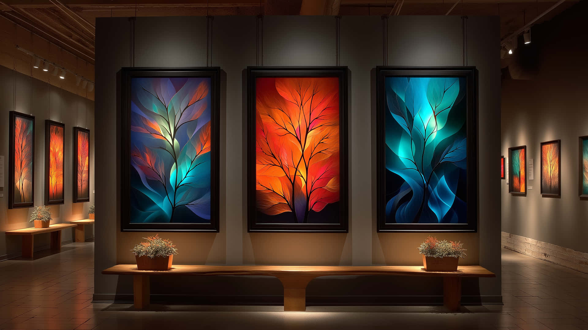 Vibrant Abstract Japanese Style Paintings in Art Gallery 壁紙 — 三幅充滿活力的抽象樹木畫作，黑色畫框，掛在畫廊牆上，下方是木長凳和盆栽植物。