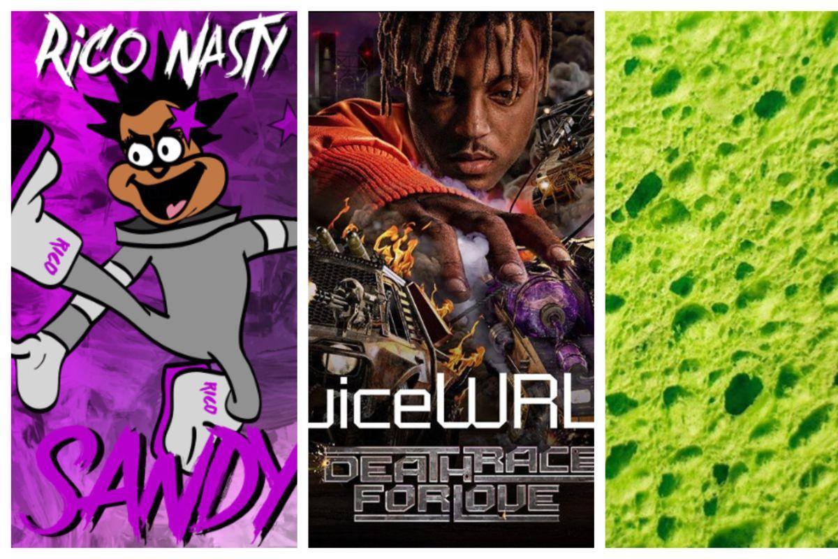 三種不同的桌布：卡通、帶火焰的說唱歌手、綠色海綿紋理。 — Juice Wrld 壁紙