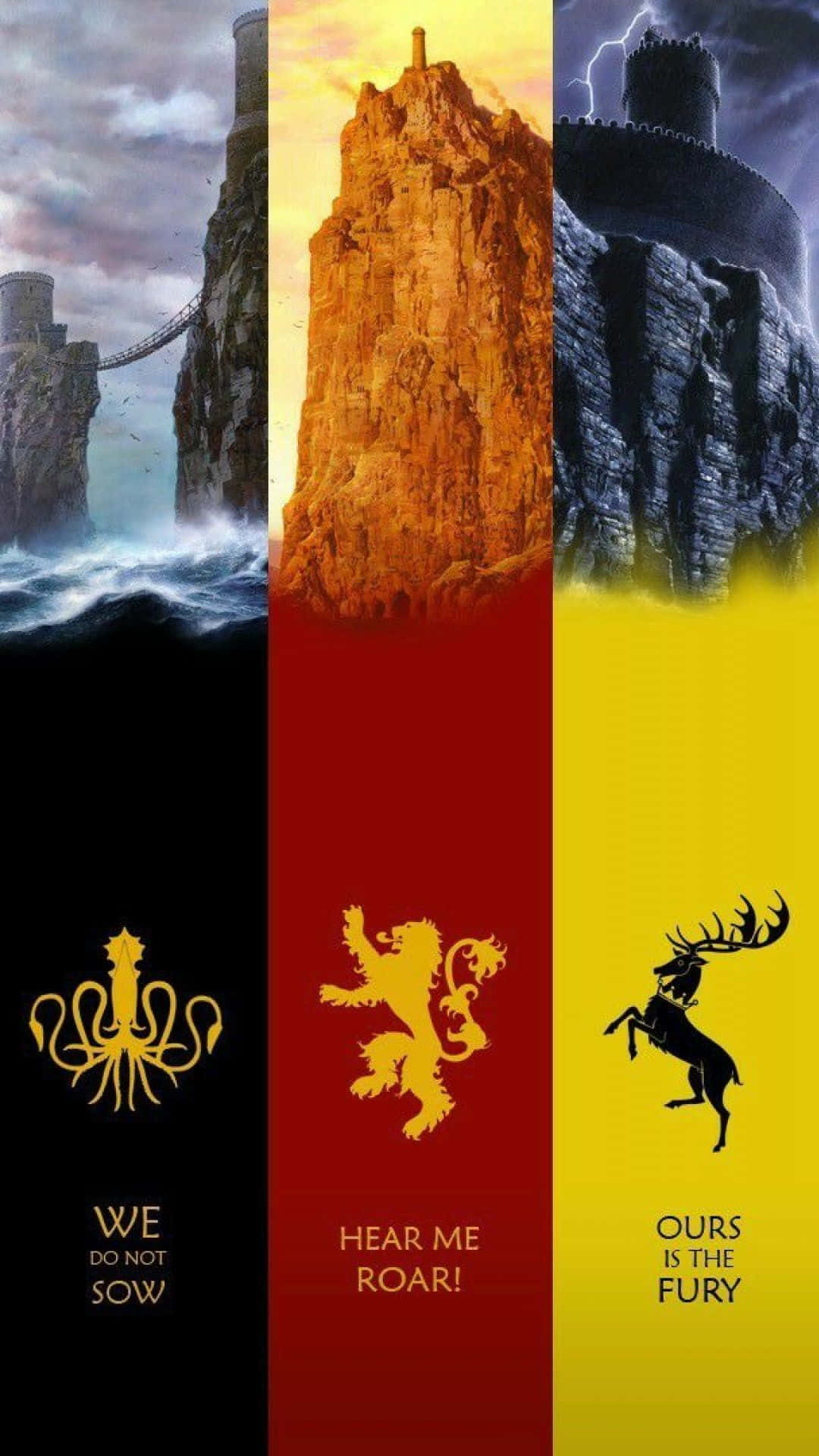 Game Of Thrones iPhone 桌布 壁紙 — 三幅垂直旗幟展示出城堡剪影，背景是風暴海洋和閃電，每幅都有家族紋章和格言，採用大膽對比色。