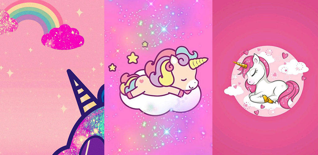可愛女生 桌布 壁紙 — 三幅奇幻的粉紅色獨角獸插圖漂浮在夢幻的星空之中，伴隨著彩虹、心形和雲朵。