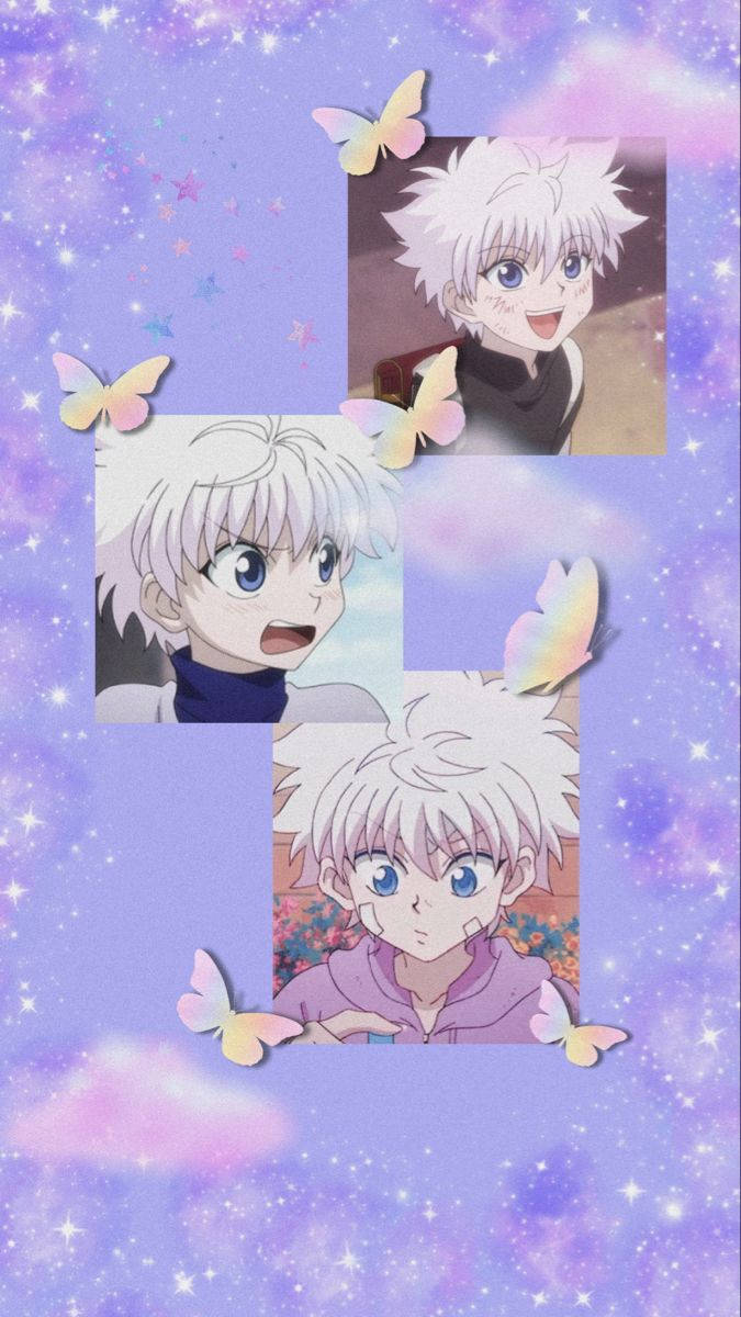 Cool Killua 桌布 壁紙 — 三幅白髮藍眼男孩的動漫肖像漂浮在夢幻般的紫色星空之中，周圍有粉彩蝴蝶。