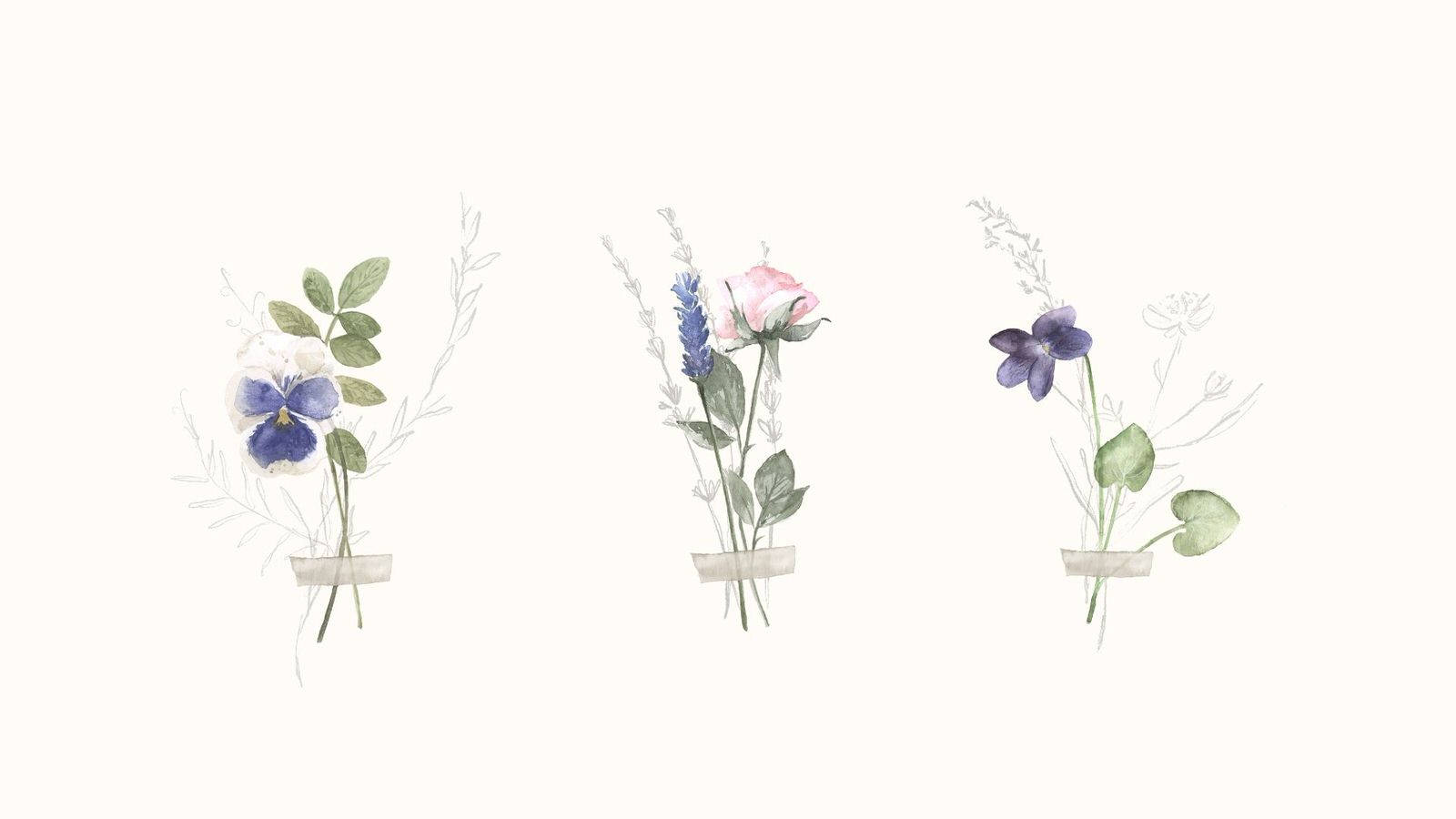 Spring iPhone 桌布 壁紙 — 三幅精緻的水彩花卉佈置，以紫羅蘭、玫瑰和薰衣草為主題，置於簡約花盆中，襯以柔和奶油色背景。