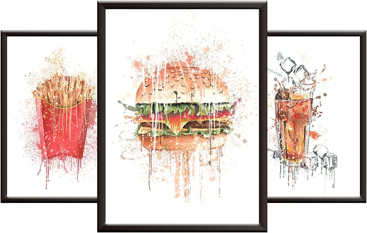Kitchen Wall 桌布 壁紙 — 三幅裱框水彩藝術作品描繪了一個滴著汁的漢堡、薯條和汽水，在白色背景上有鮮豔的飛濺效果。