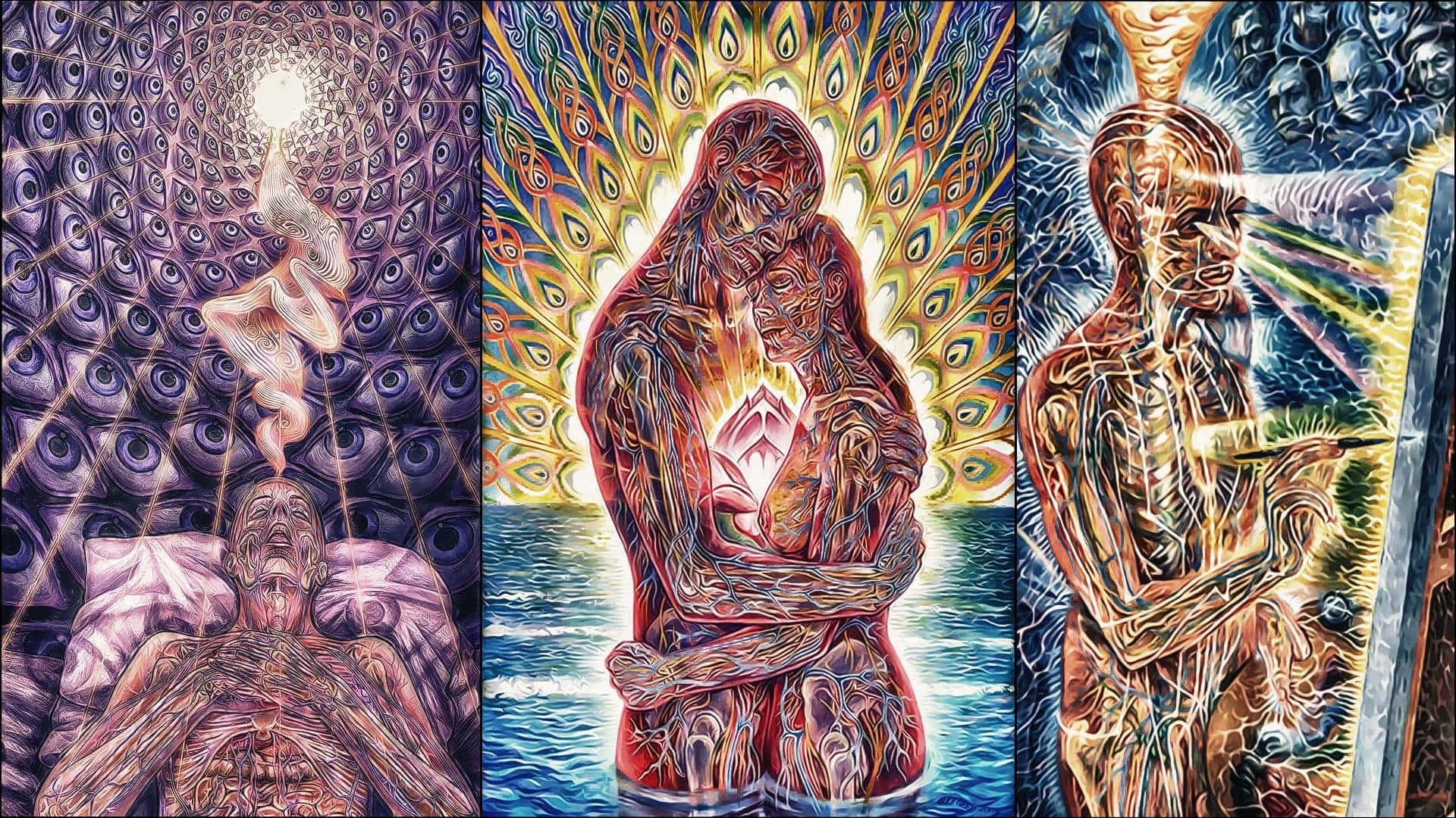 Psychedelic 3d Art 桌布 壁紙 — 三幅超現實的三聯畫面板描繪了神秘人物，帶有發光的能量和複雜的圖案，背景是宇宙和水景。
