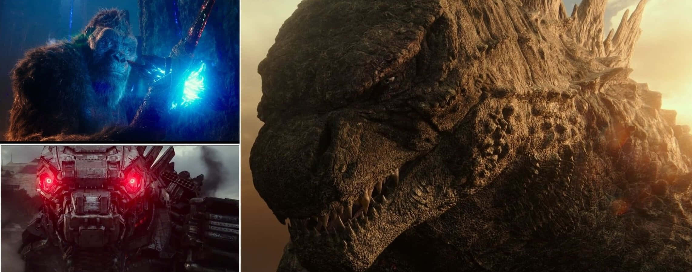 Robot Godzilla 桌布 壁紙 — 三幅電影場景的拼貼：一隻生物手持的發光藍色武器、紅色眼睛的機甲，以及哥吉拉紋理頭部的特寫。