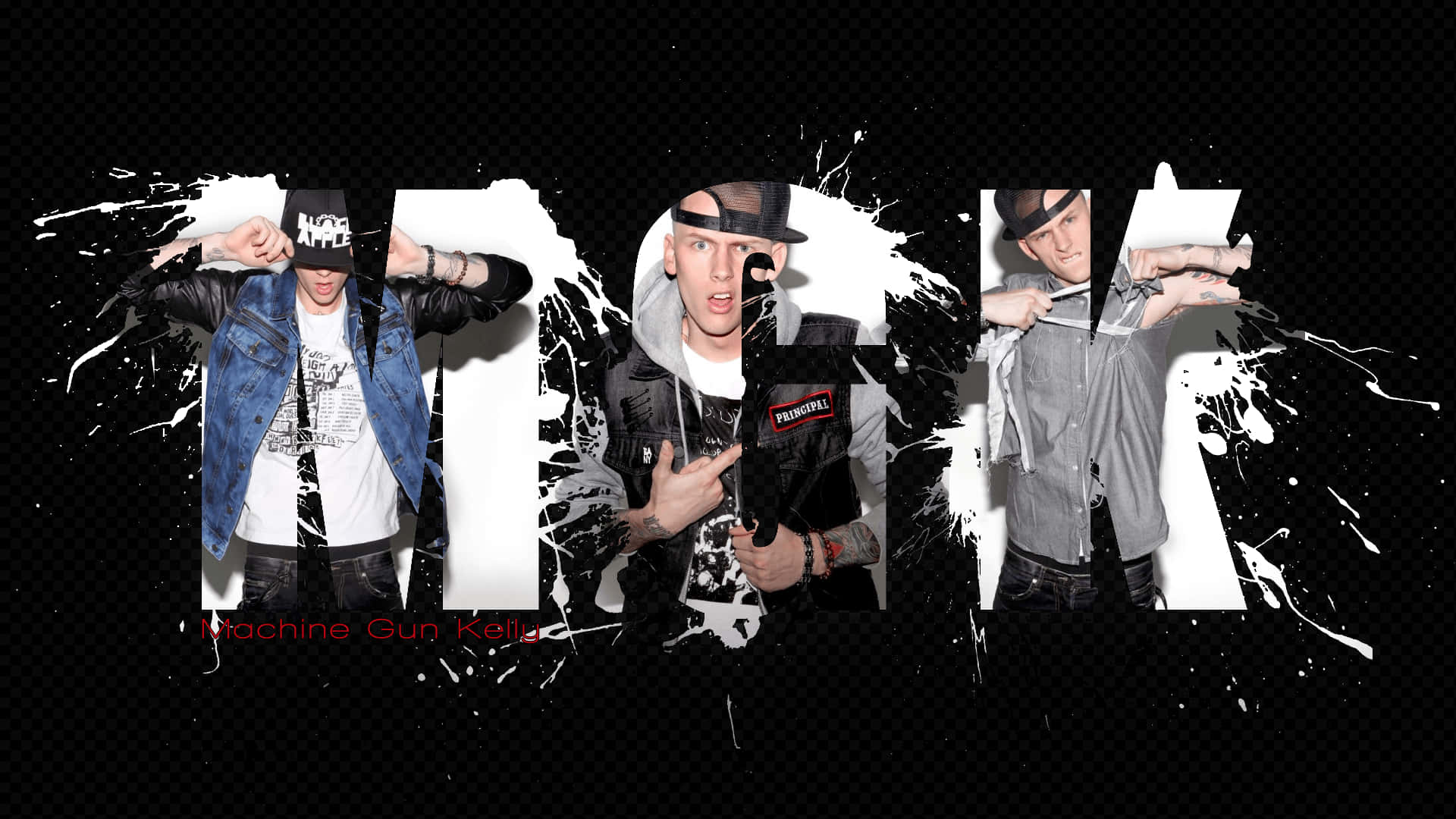 說唱歌手 桌布 壁紙 — 三幅風格化的 Machine Gun Kelly 肖像衝破黑色潑濺背景上的粗體白色字母。