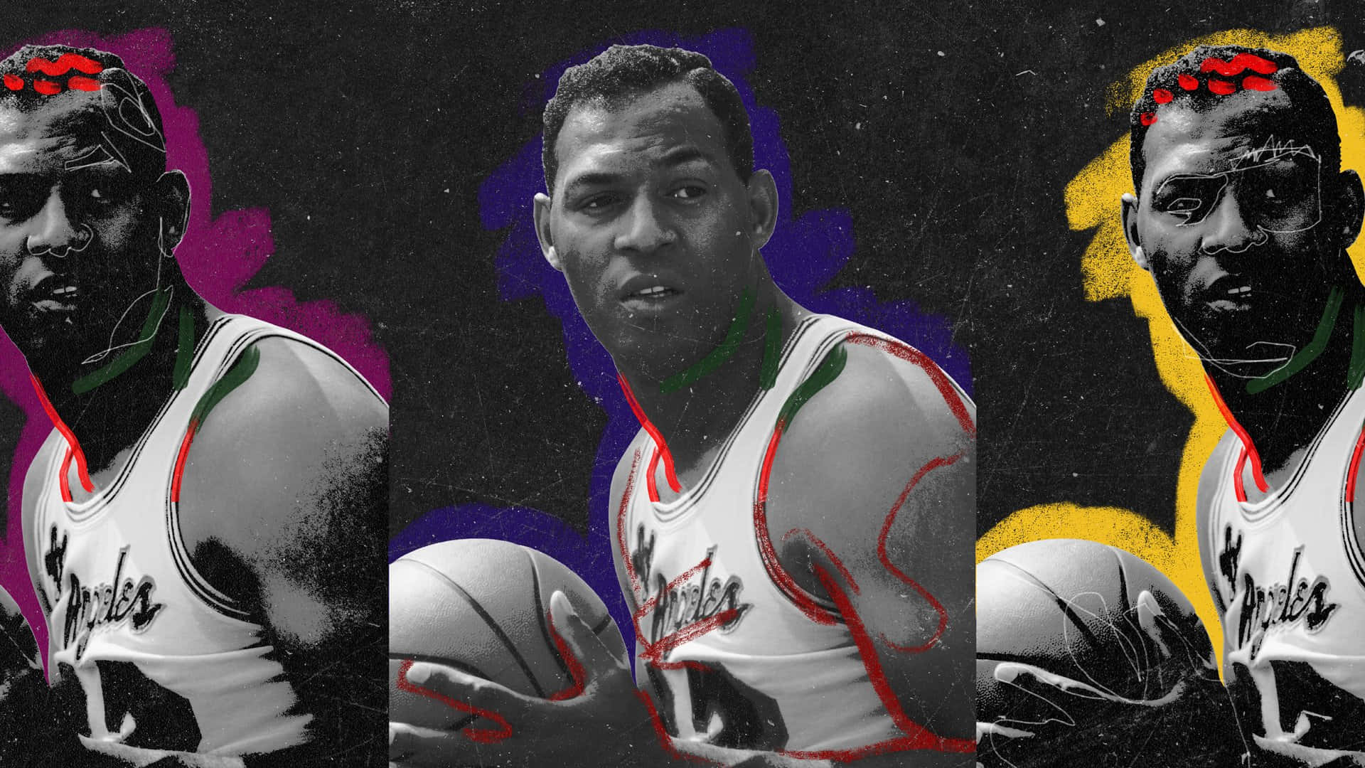 NBA 桌布 壁紙 — 三幅風格化的籃球運動員肖像，身穿湖人隊球衣，帶有鮮豔的紫色、黃色和紅色抽象潑濺，背景為深色紋理。