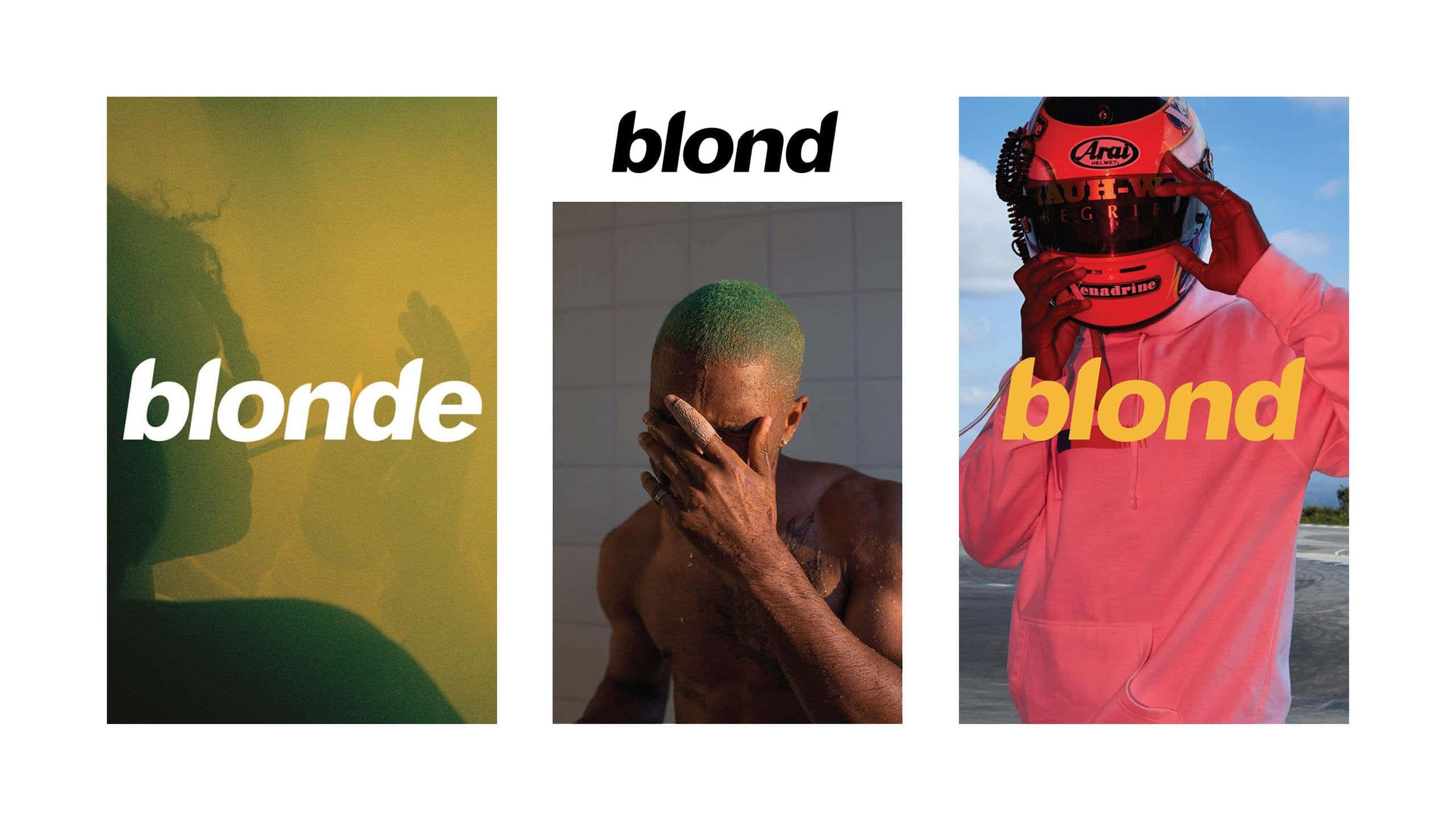 桌布 壁紙 — 三幅風格化肖像，上面疊加著「blonde」一詞：一個剪影、一個用綠色頭髮遮住臉的男人，以及一個戴著賽車頭盔的人。