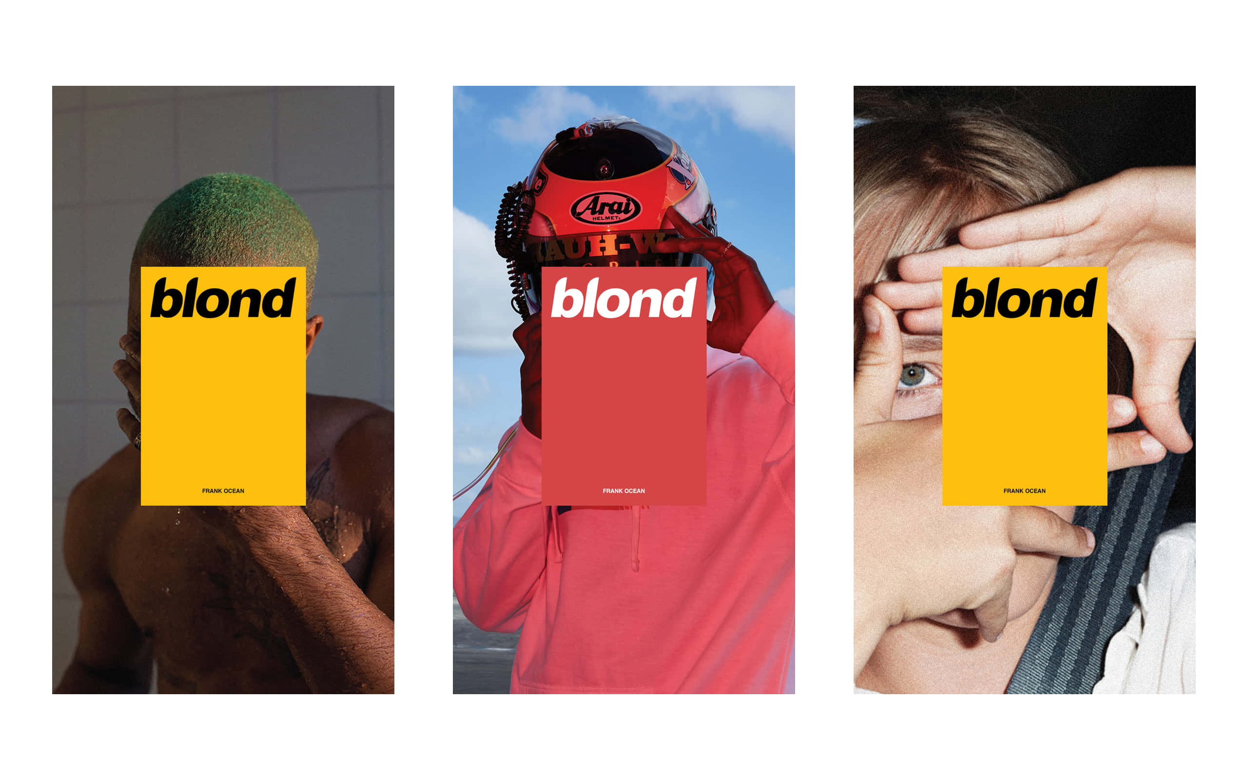 桌布 壁紙 — 三幅風格化肖像，以粗體黃色「blond」文字覆蓋臉部，背景為瓷磚牆、賽車頭盔和手