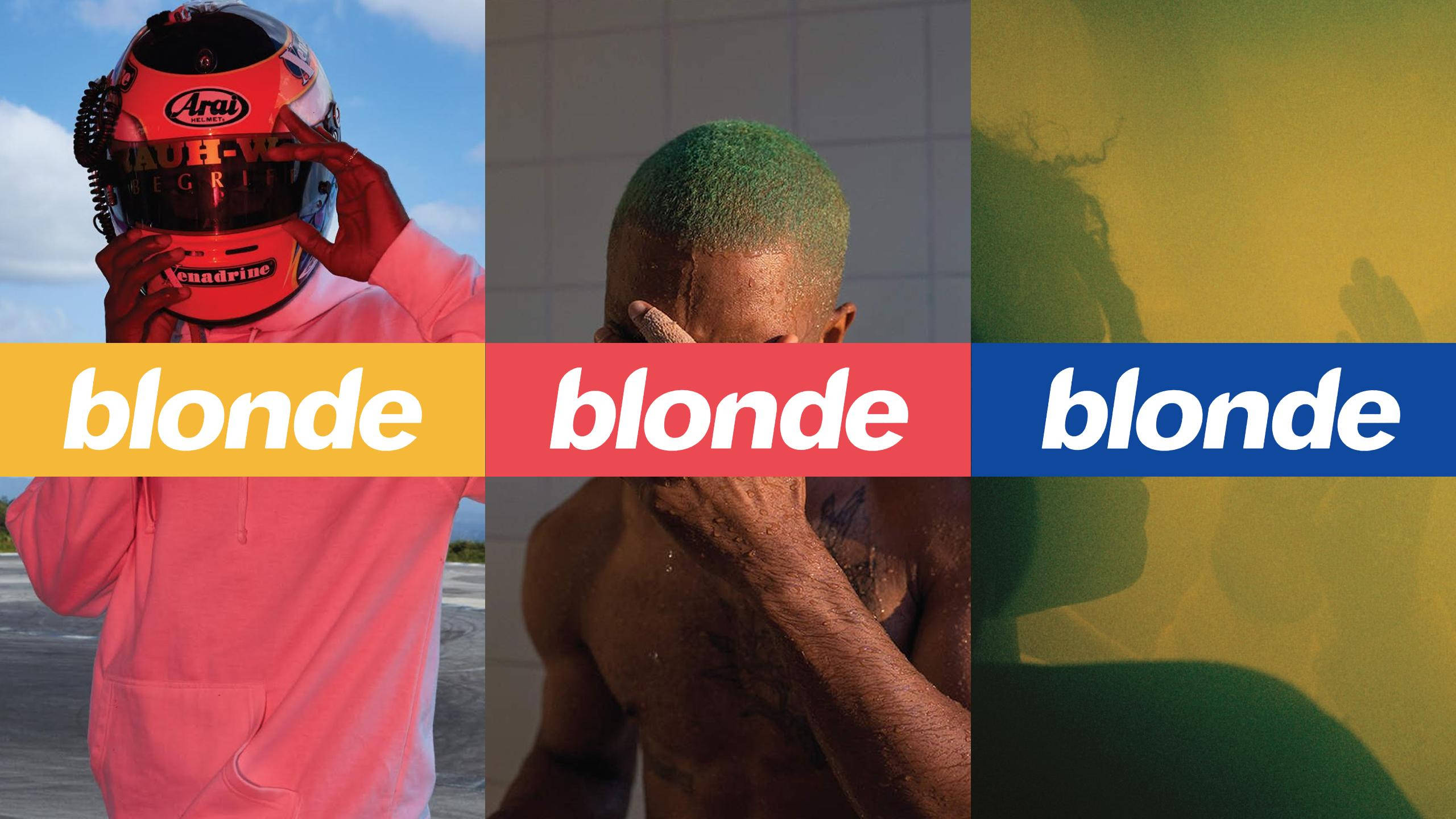 Frank Ocean 桌布 壁紙 — 三幅風格化肖像以三聯畫形式呈現，每幅展示一位髮色和姿勢獨特的人物，下方是帶有「blonde」字樣的鮮豔橫幅。