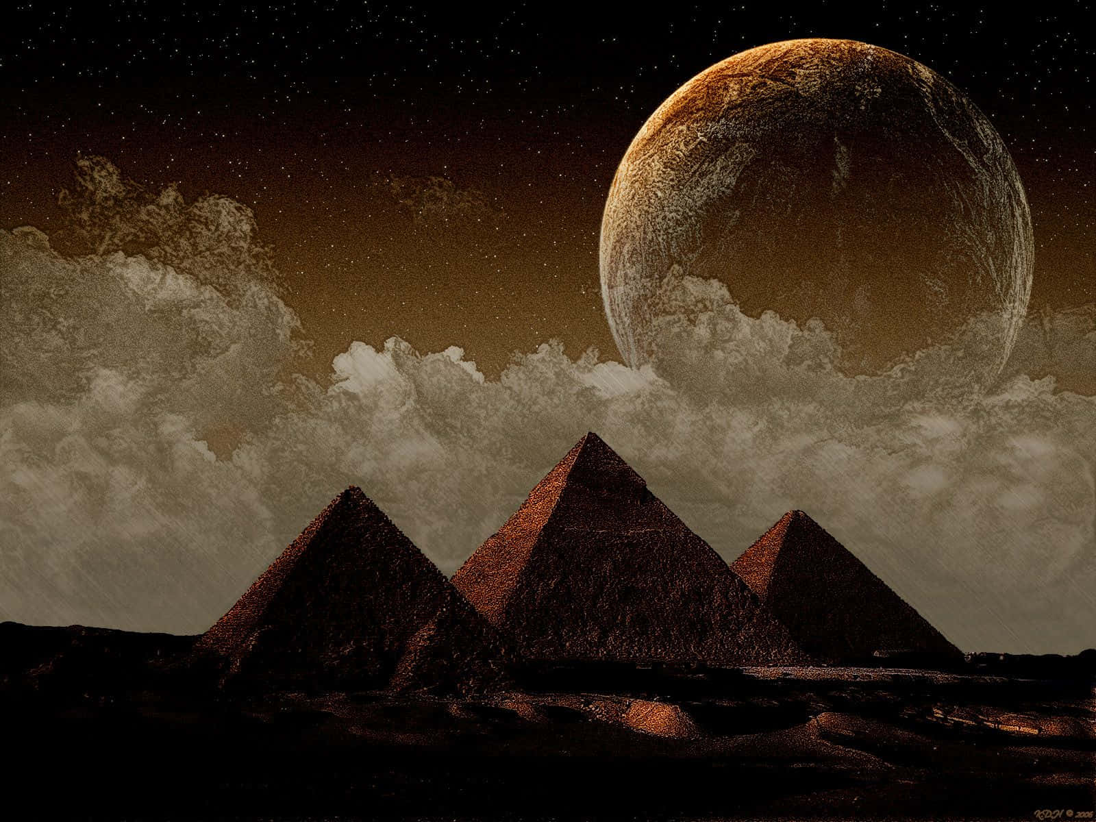 Moon Aesthetic 桌布 壁紙 — 三座古老金字塔矗立在一個巨大的發光行星之下，周圍是星空和 swirling 雲層。