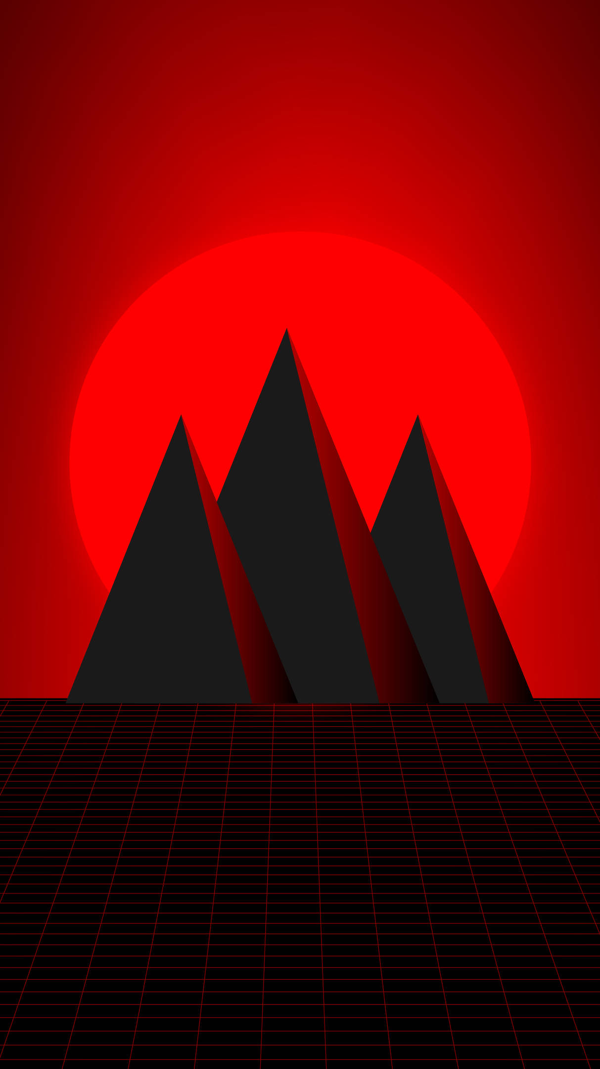 pyramid 桌布 壁紙 — 三座尖銳的黑色金字塔在網格圖案的地平線下，對著發光的紅色太陽升起。