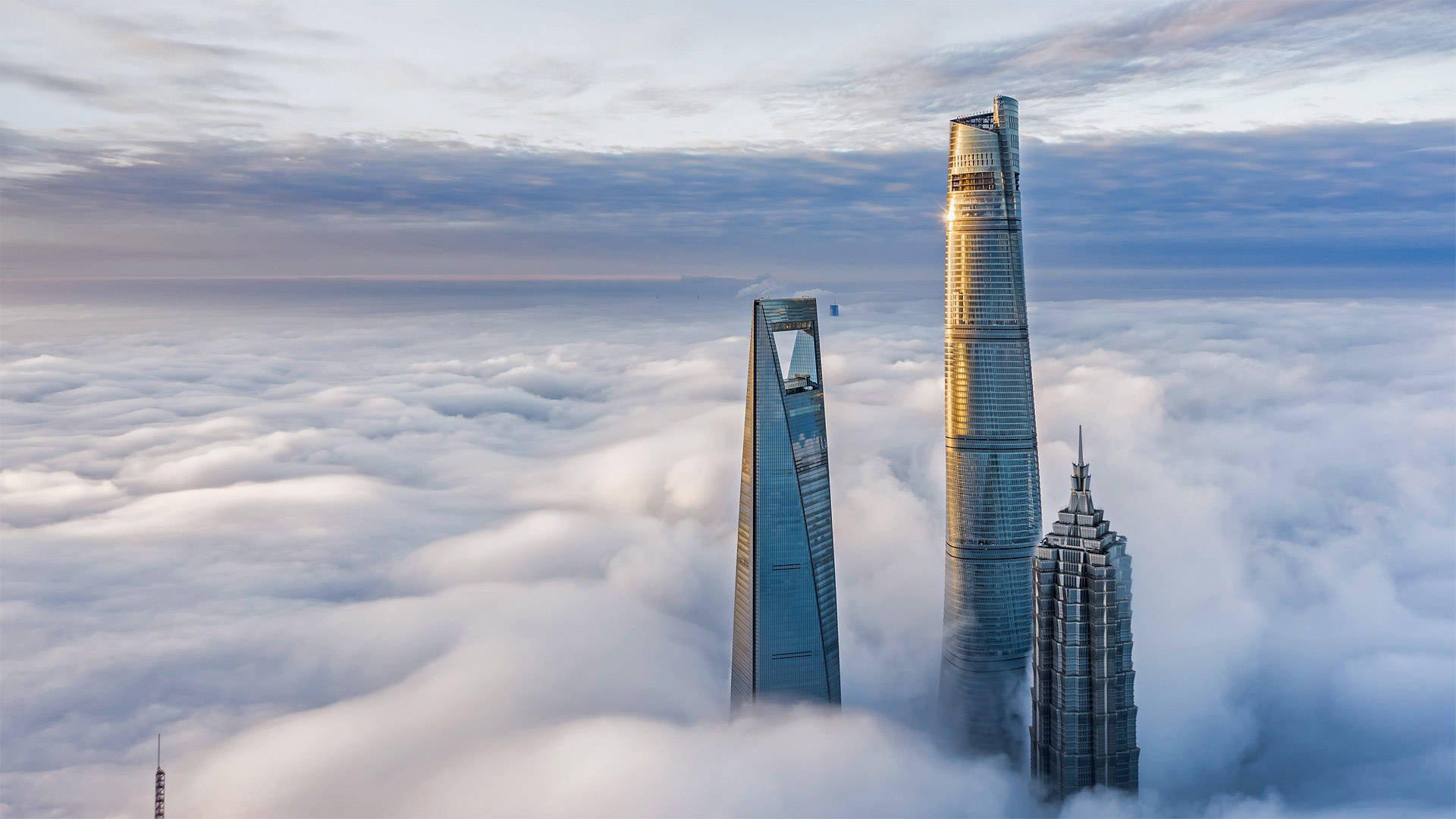 Shanghai 桌布 壁紙 — 三座標誌性摩天大樓在黎明時分穿透雲海，天空呈現柔和藍色。