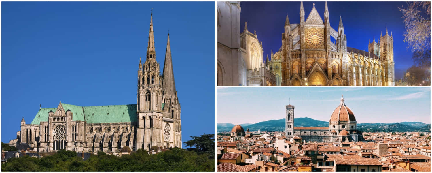 Gothic Architecture 桌布 壁紙 — 三座標誌性歐洲大教堂展示：白天的斯特拉斯堡聖母院、夜晚金色燈光下的米蘭大教堂，以及矗立在陶土屋頂城市景觀之上的佛羅倫斯大教堂。