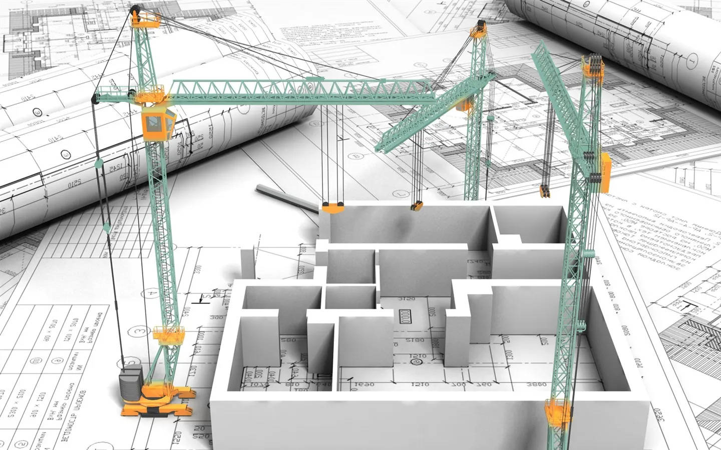 Architecture 桌布 壁紙 — 三座綠色建築起重機聳立於正在施工的建築物3D模型之上，全部放置在詳細的建築藍圖上。