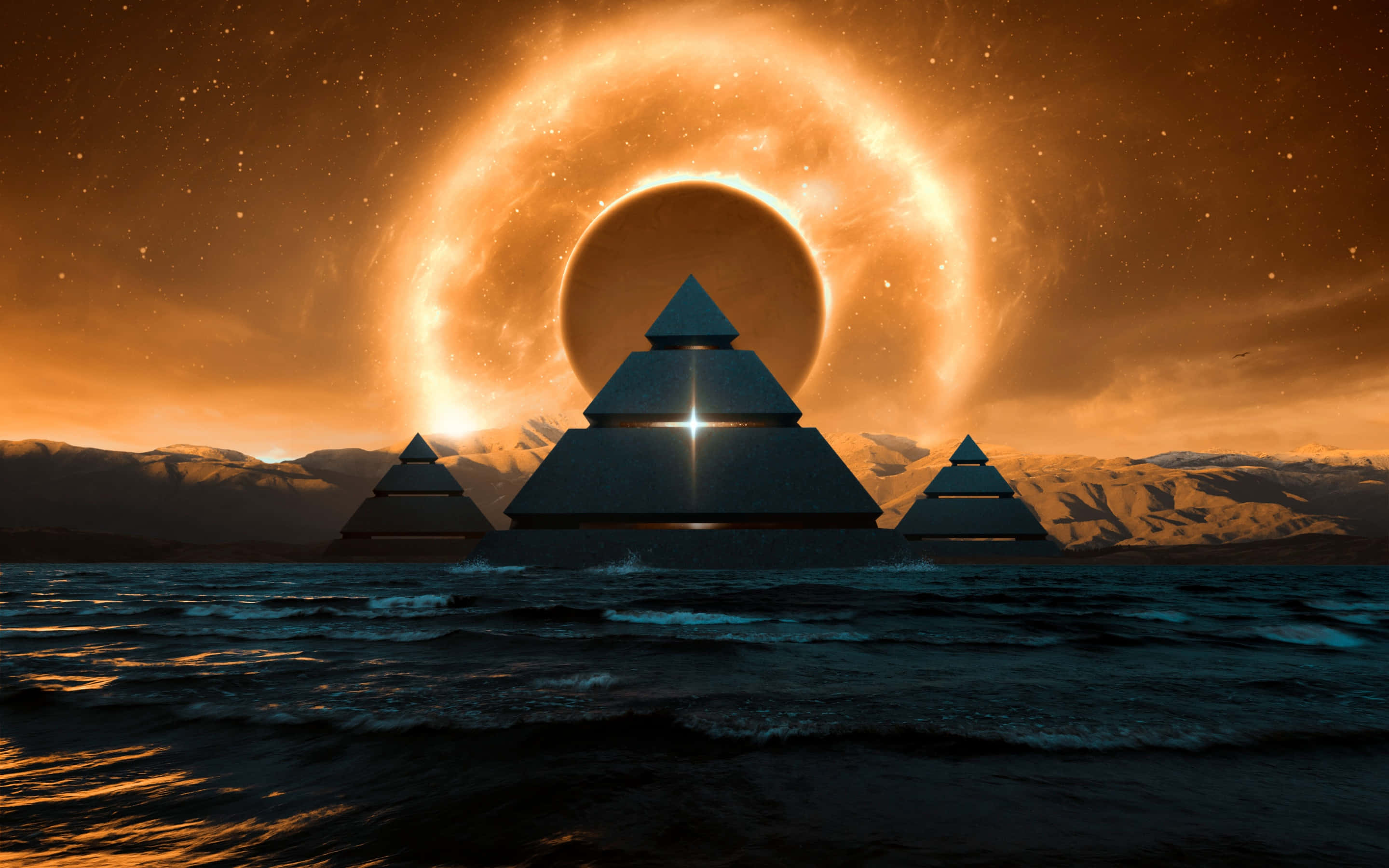 Moon Aesthetic 桌布 壁紙 — 三座黑暗金字塔從海浪中升起，背景是繁星點點的天空下一個發光的橙色環狀太陽。