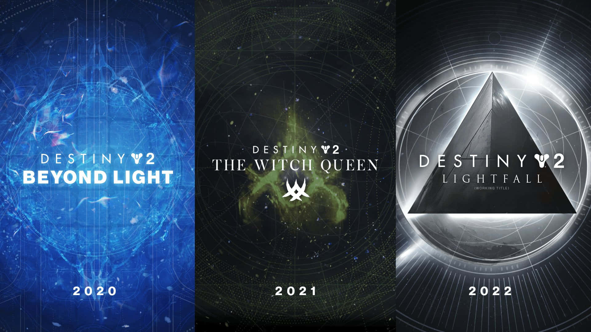 桌布 壁紙 — 三張 Destiny 2 擴展海報展示宇宙藍綠色和銀色幾何設計，附有年份標籤。
