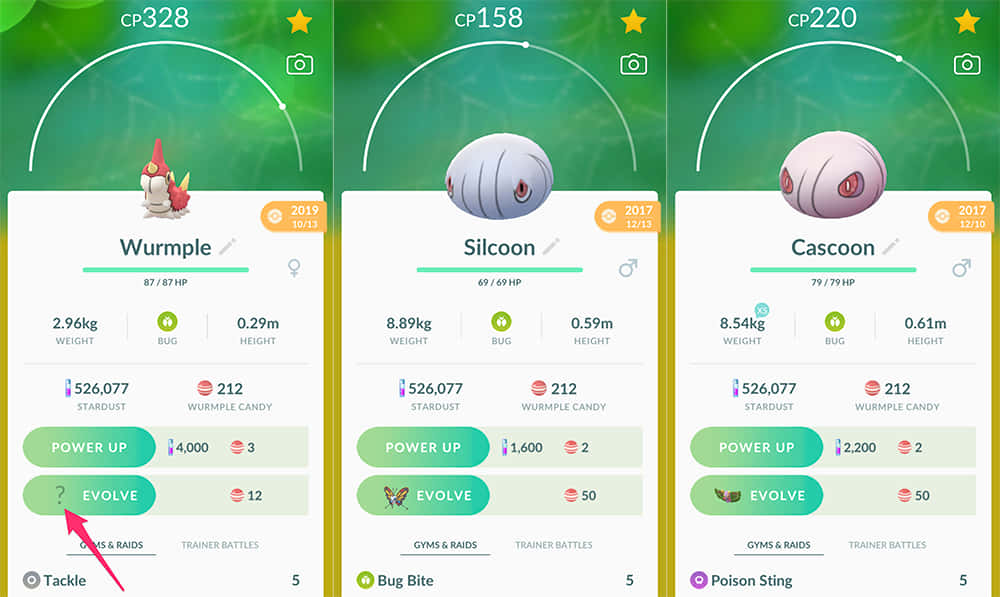 動漫 桌布 壁紙 — 三張 Pokémon Go 生物卡顯示了刺尾蟲、甲殼繭和盾甲繭，並突顯了進化按鈕。