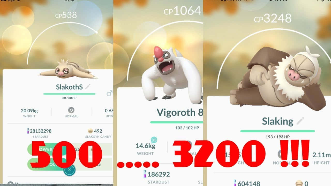 動漫 桌布 壁紙 — 三張 Pokémon Go 生物卡顯示 Slakoth、Vigoroth 和 Slaking，CP 值分別為 538、1064 和 3248，並覆蓋紅色文字 500......3200!!!