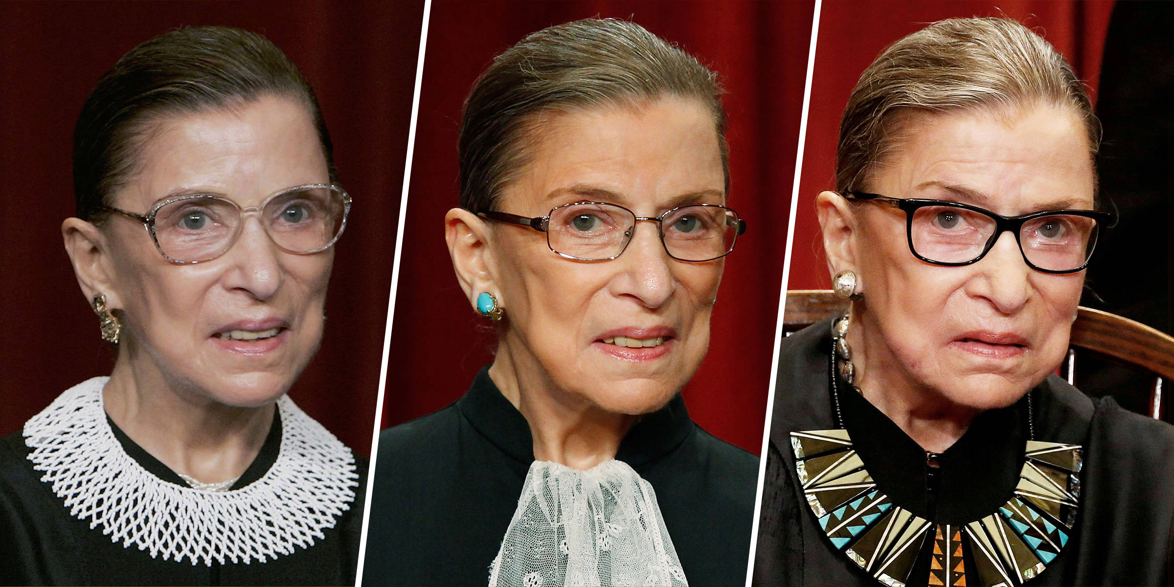 露絲·拜德·金斯伯格 桌布 壁紙 — 三張 Ruth Bader Ginsburg 的肖像照，穿著不同的服裝和眼鏡，背景為紅色窗簾。