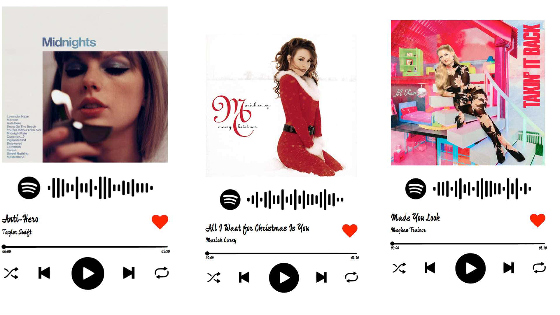 90's 桌布 壁紙 — 三張 Spotify 專輯封面以風格化肖像展示 Taylor Swift、Mariah Carey 和 Meghan Trainor，並附有歌曲名稱和播放控制。