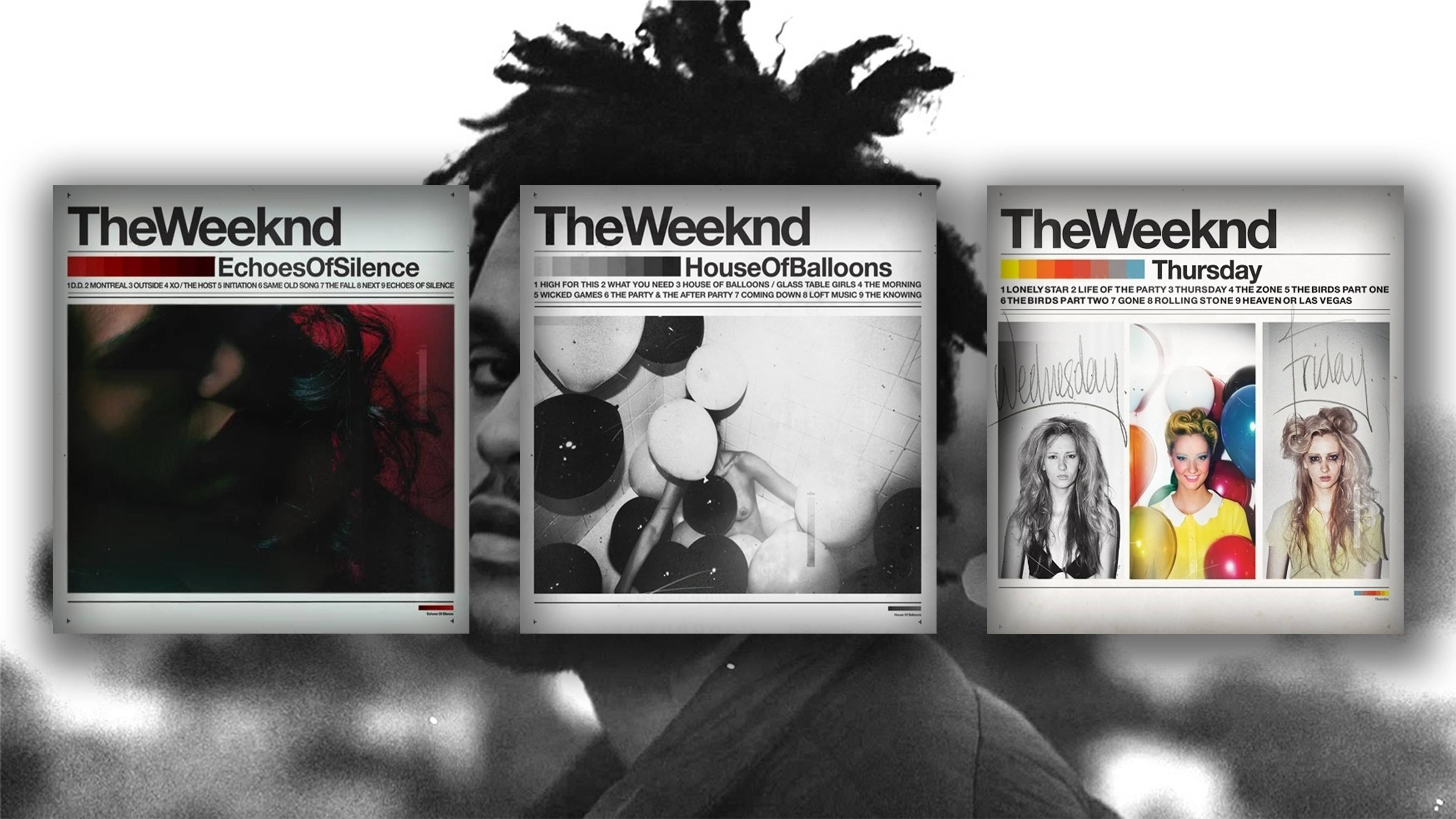 威肯 桌布 壁紙 — 三張 The Weeknd 的專輯封面以報紙剪報形式顯示在模糊的黑白肖像背景上。