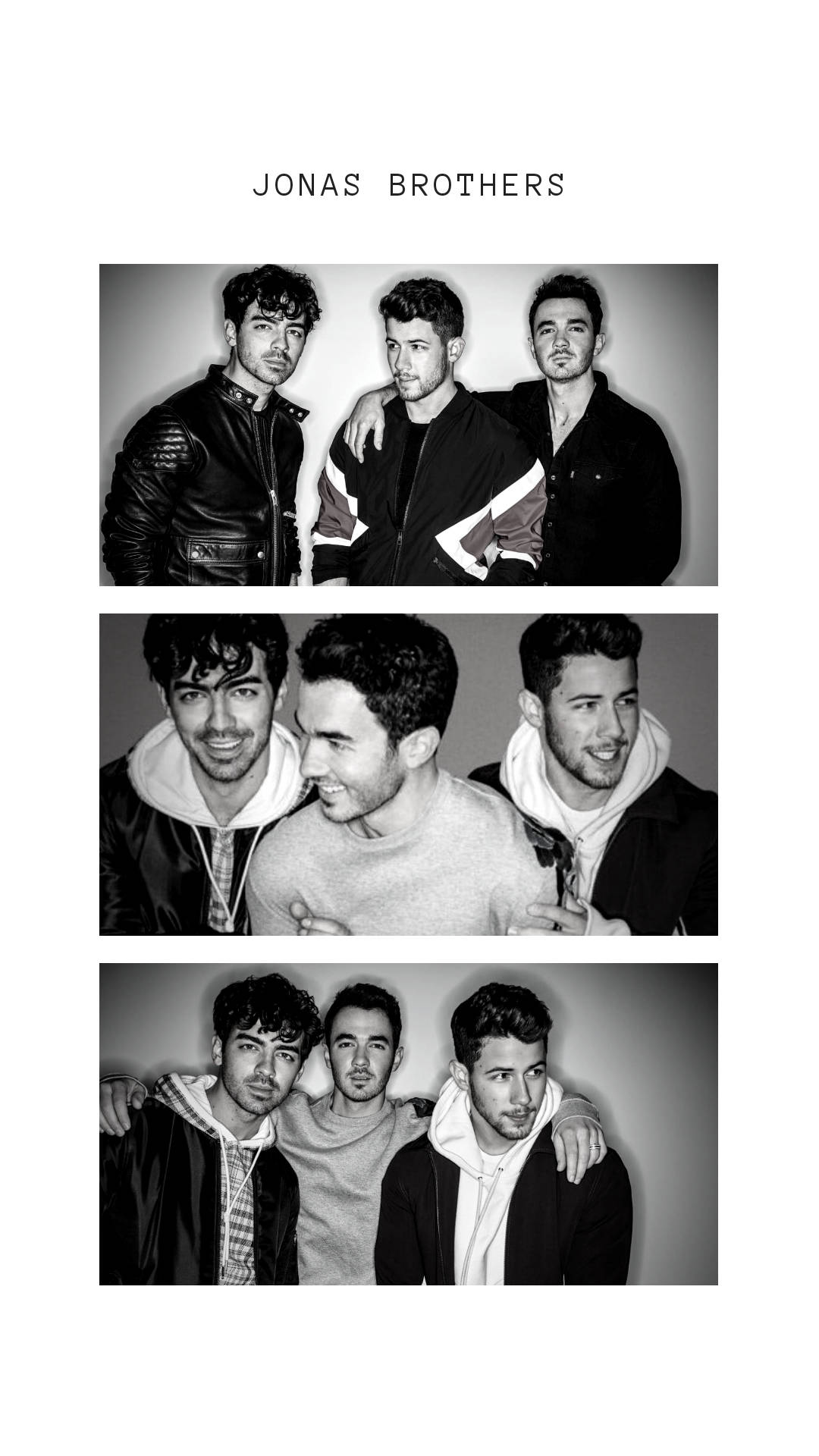 Jonas Brothers 桌布 壁紙 — 三張Jonas Brothers的黑白照片，他們穿著休閒街頭服飾，在素色背景前一起擺姿勢。