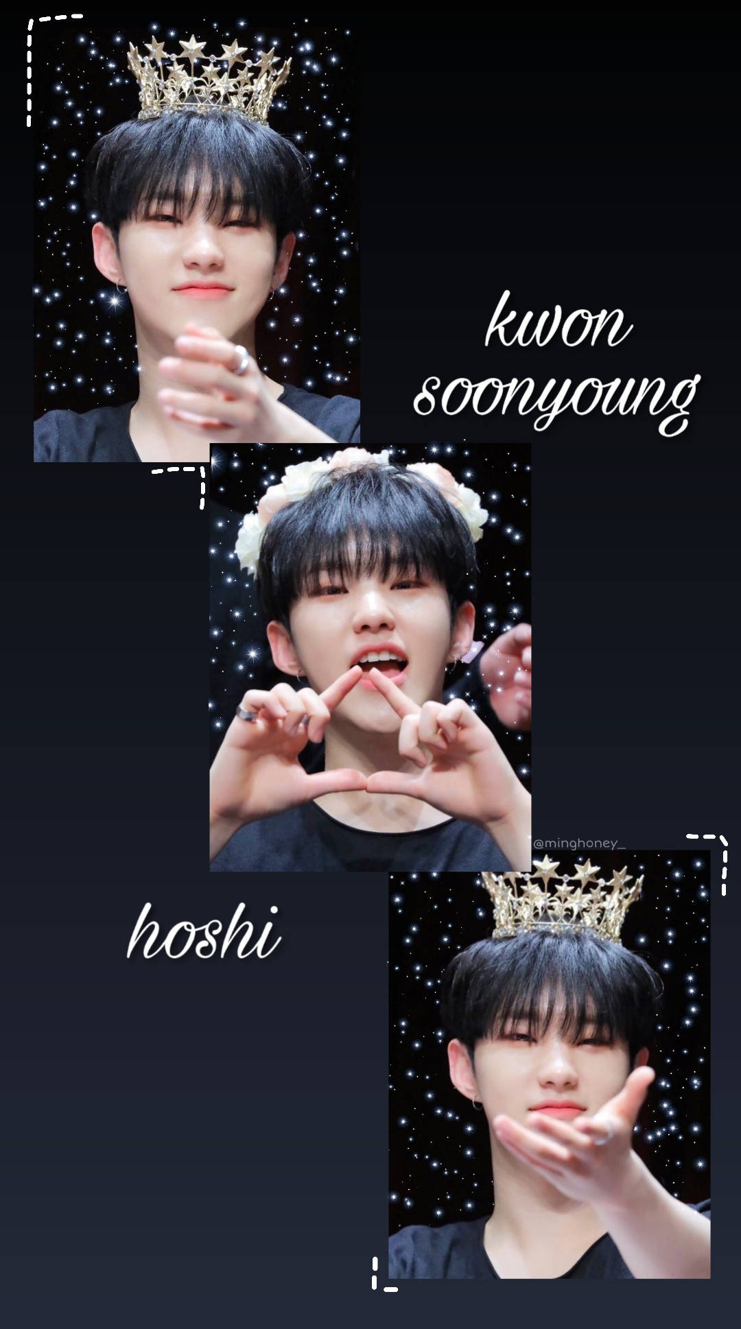 Hoshi 桌布 壁紙 — 三張K-pop偶像權順榮和Hoshi戴著皇冠，背景是閃爍星空的照片。