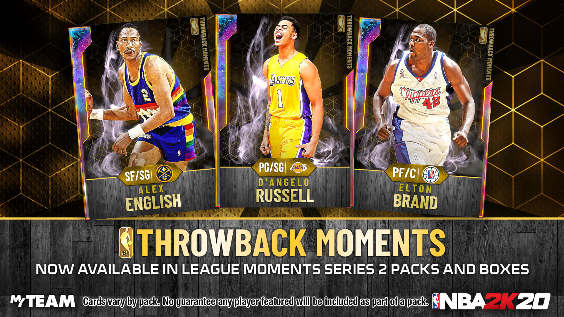 籃球 桌布 壁紙 — 三張NBA 2K20復古球員卡，展示Alex English、D'Angelo Russell和Elton Brand在發光六邊形背景上的動態姿勢。