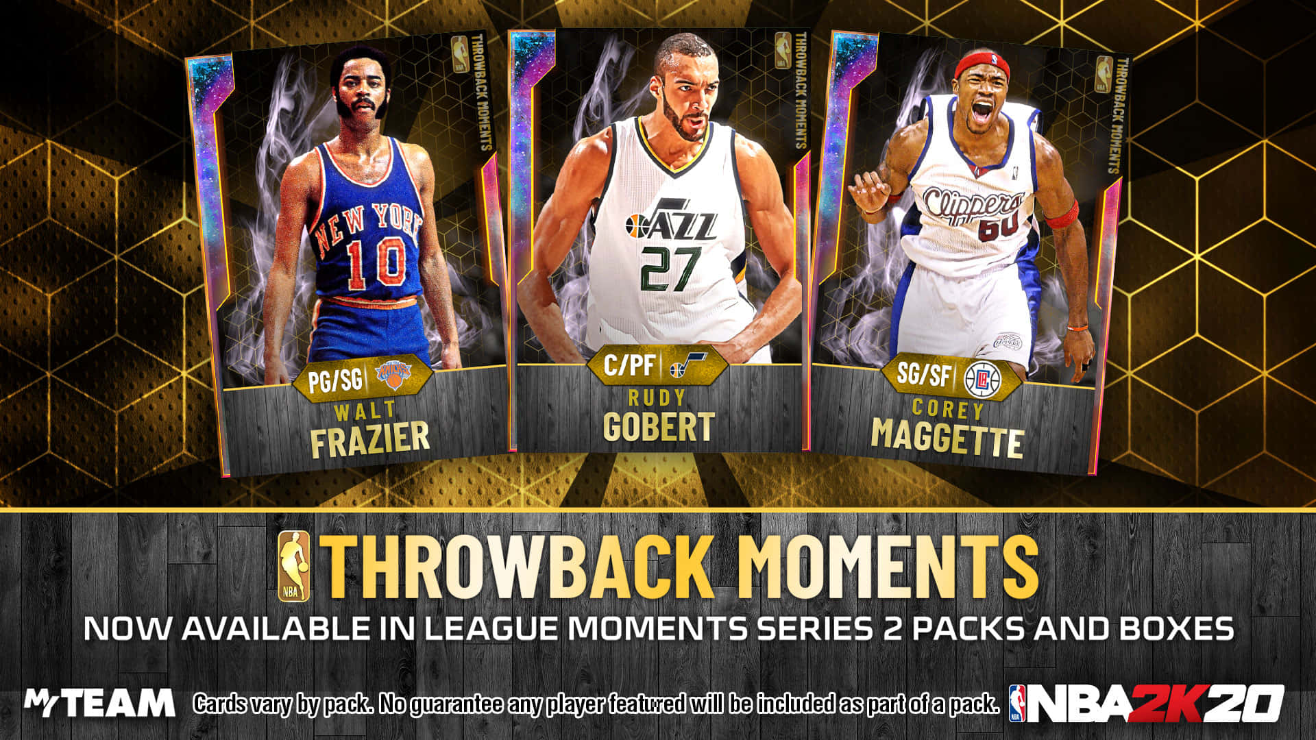 籃球 桌布 壁紙 — 三張NBA 2K20復古球員卡， featuring Walt Frazier、Rudy Gobert和Corey Maggette，背景為金色六邊形。