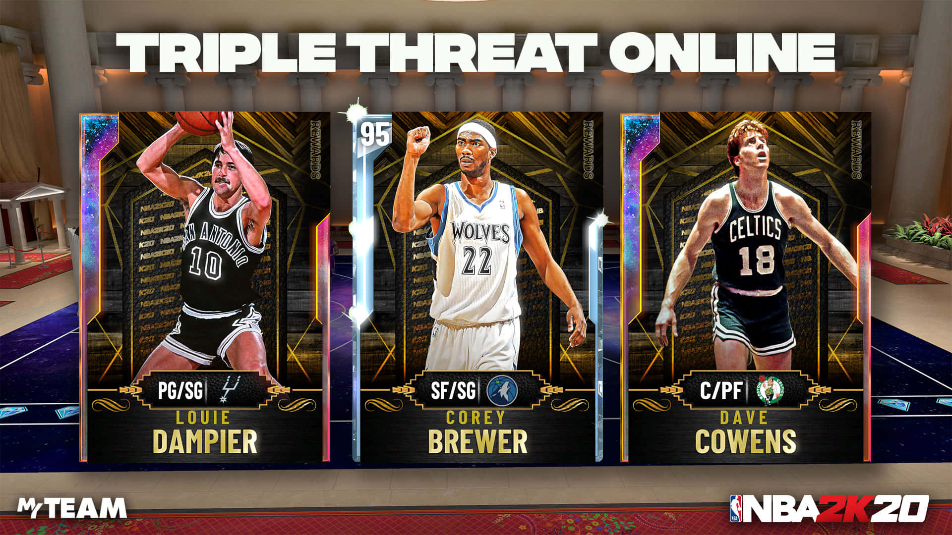 波士頓塞爾提克 桌布 壁紙 — 三張NBA 2K20球員卡，展示Louie Dampier、Corey Brewer和Dave Cowens，顯示在數位交易卡遊戲介面中。