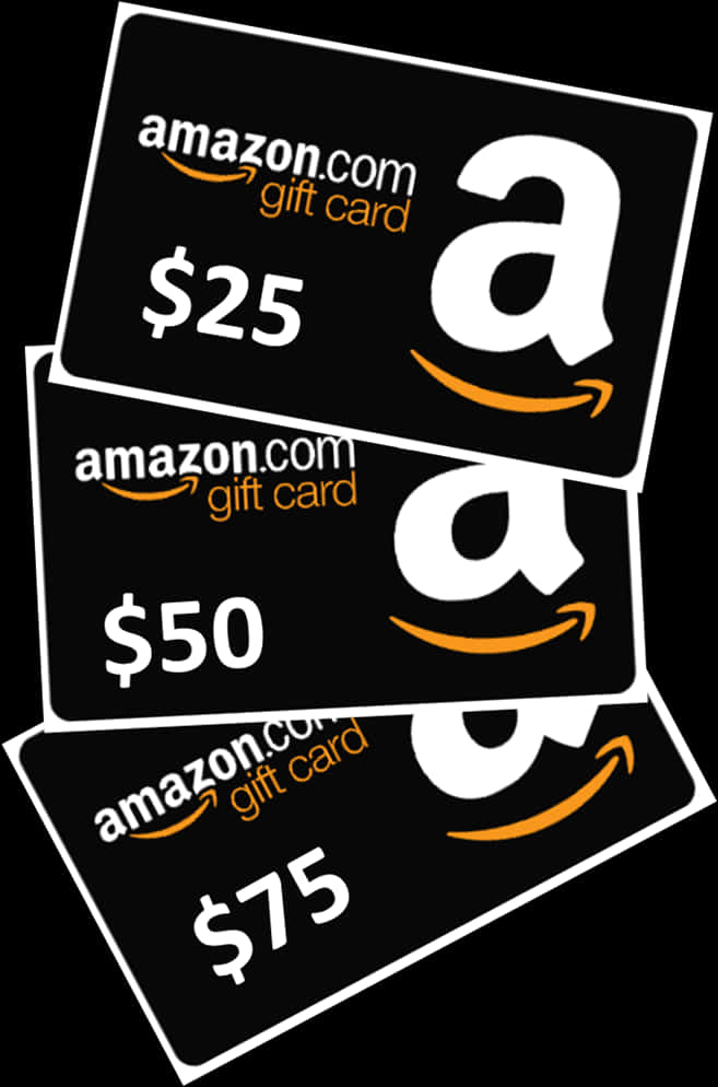 Amazon Gift Card 桌布 壁紙 — 三張亞馬遜禮品卡以對角線方式堆疊，顯示$25、$50和$75的金額，背景為黑色。