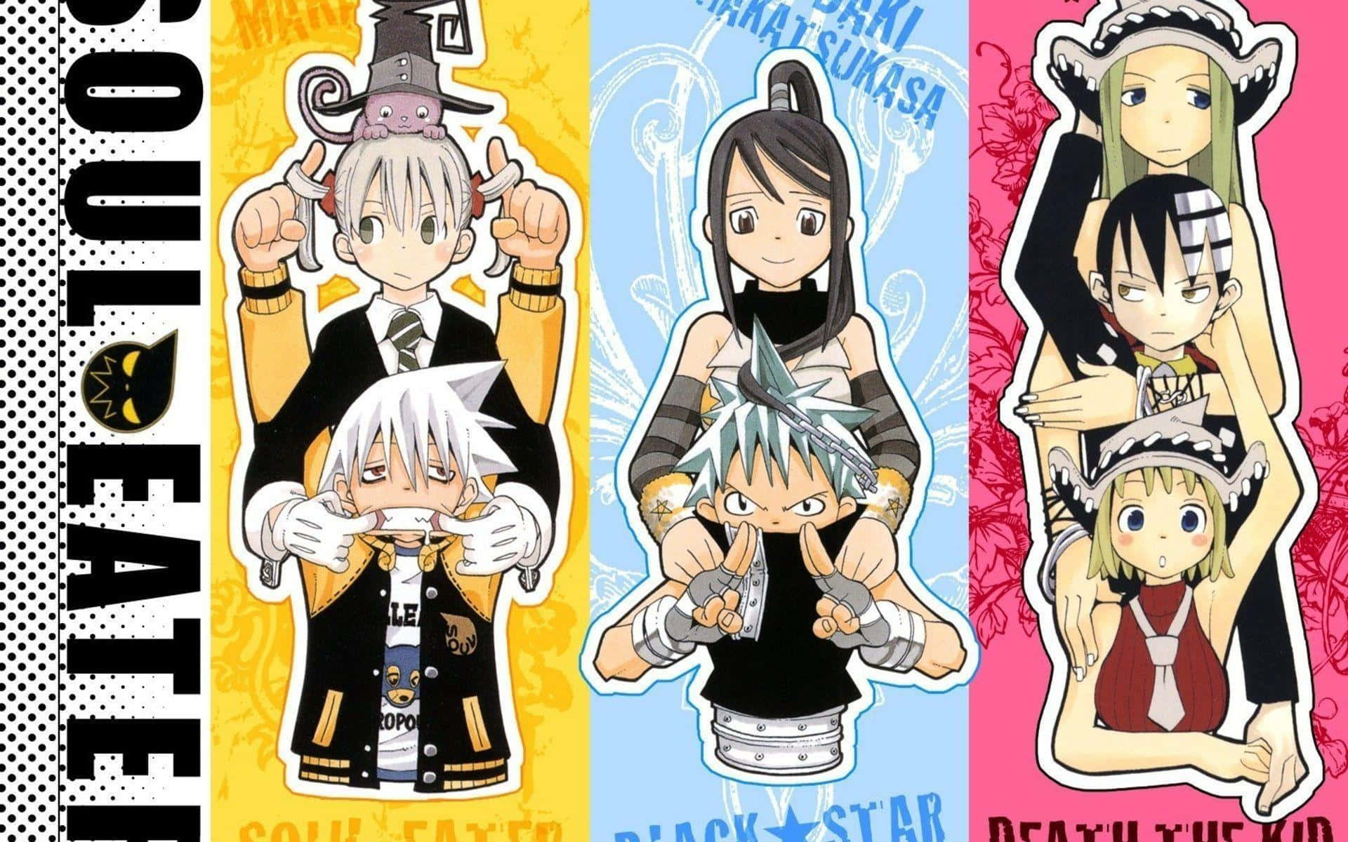 可愛 桌布 壁紙 — 三張來自《噬魂者》Black Star 和 Death the Kid 的動畫角色海報，以粗體文字立於色彩繽紛的背景前。