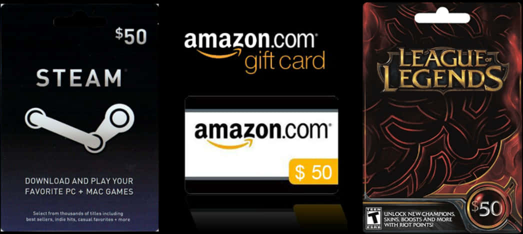 Amazon Logo 桌布 壁紙 — 三張價值 50 美元的 Steam、Amazon 和 League of Legends 數位禮品卡在深色背景上並排展示。