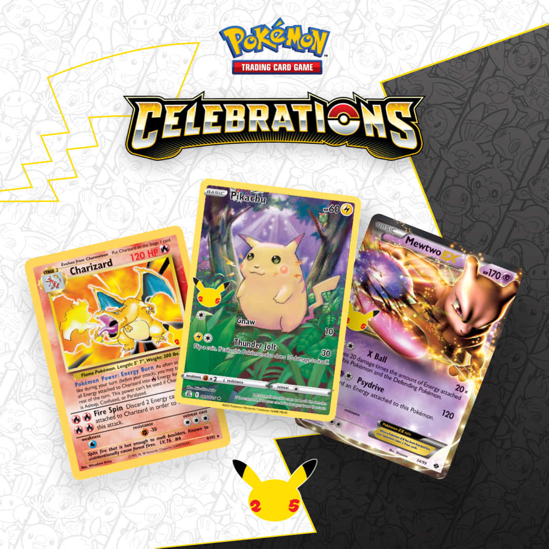 Pokemon Card 桌布 壁紙 — 三張充滿活力的 Pokémon 集換式卡牌， featuring 噴火龍、皮卡丘和超夢，在帶有 Celebrations 標誌的動態背景上漂浮。