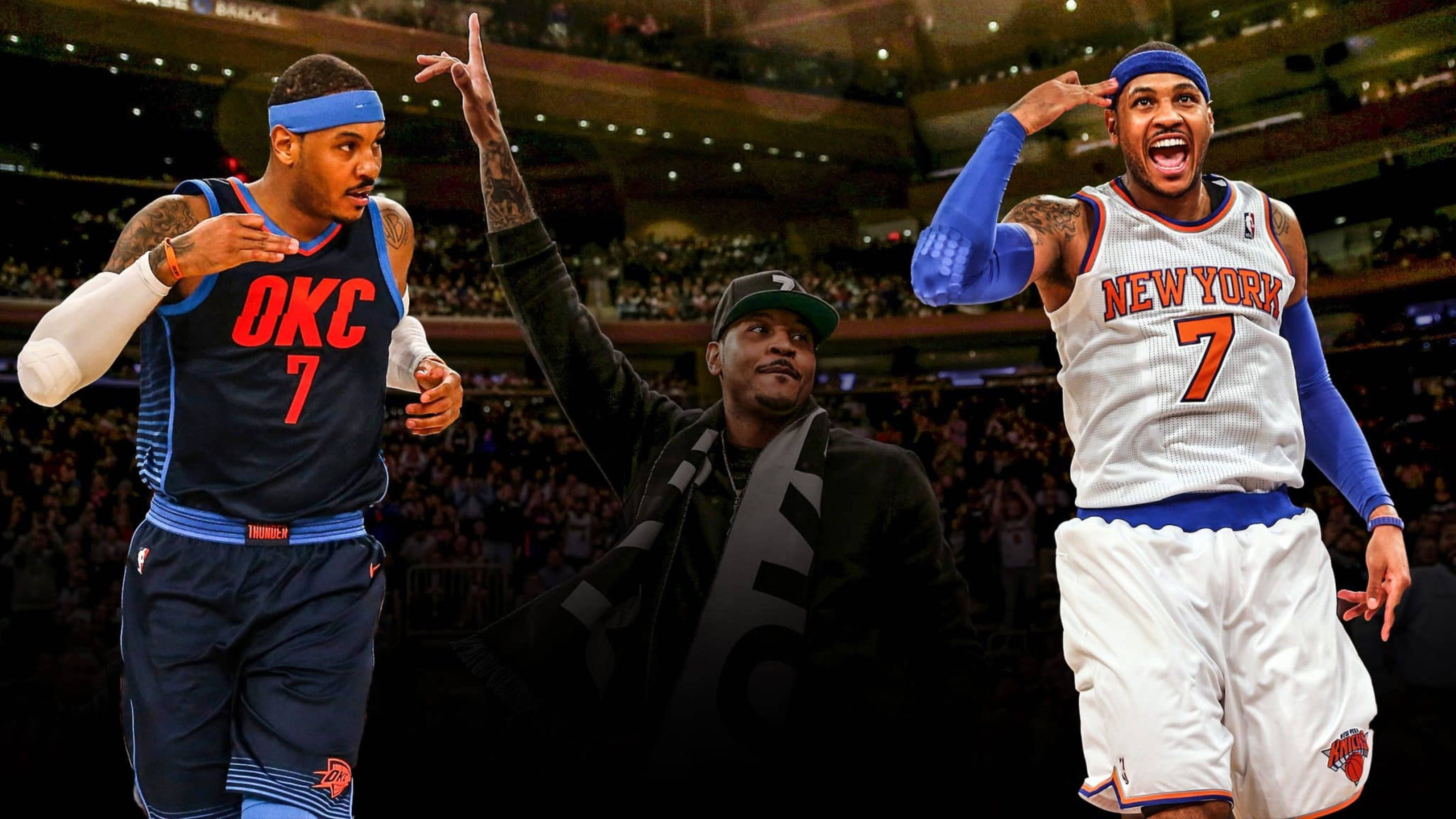 Carmelo 桌布 壁紙 — 三張動態圖片，籃球運動員卡梅隆·安東尼穿著奧克拉荷馬城和紐約尼克隊球衣的動作姿勢，中間是他穿著休閒服的肖像。