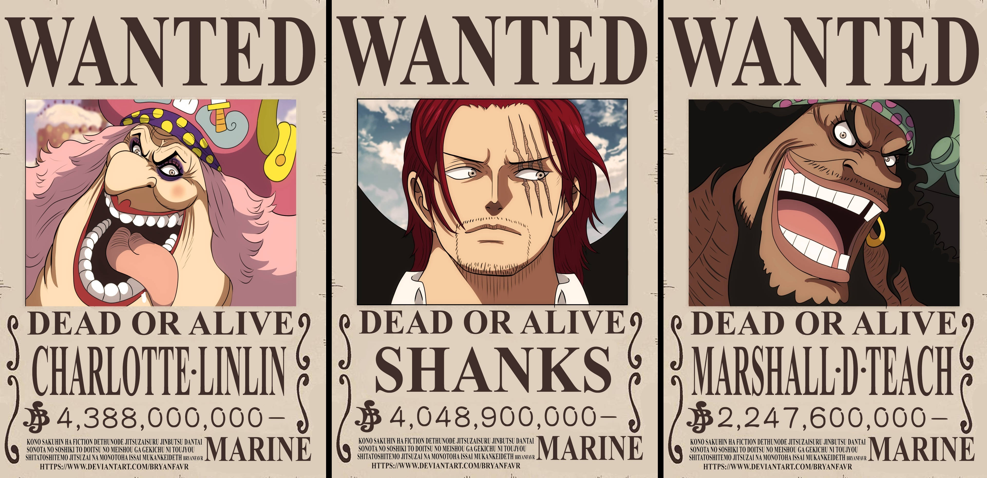 Shanks 桌布 壁紙 — 三張動畫通緝海報，分別為香克斯、夏洛特·玲玲和馬歇爾·D·蒂奇，帶有粗體文字和生動的角色肖像。