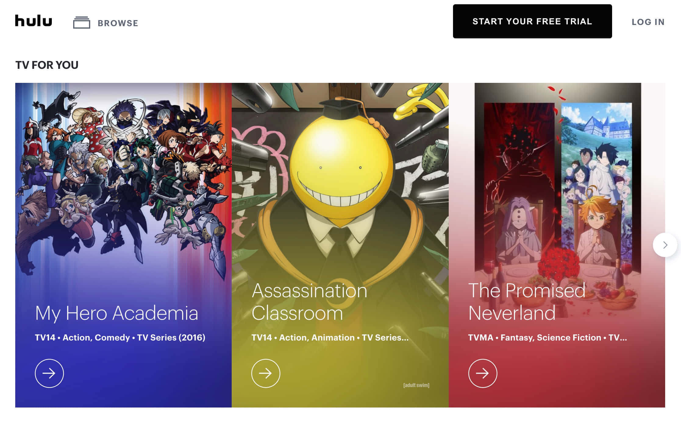 Hulu 桌布 壁紙 — 三張動畫電視劇海報，包括《我的英雄學院》、《暗殺教室》和《約定的夢幻島》，顯示在 Hulu 首頁上。