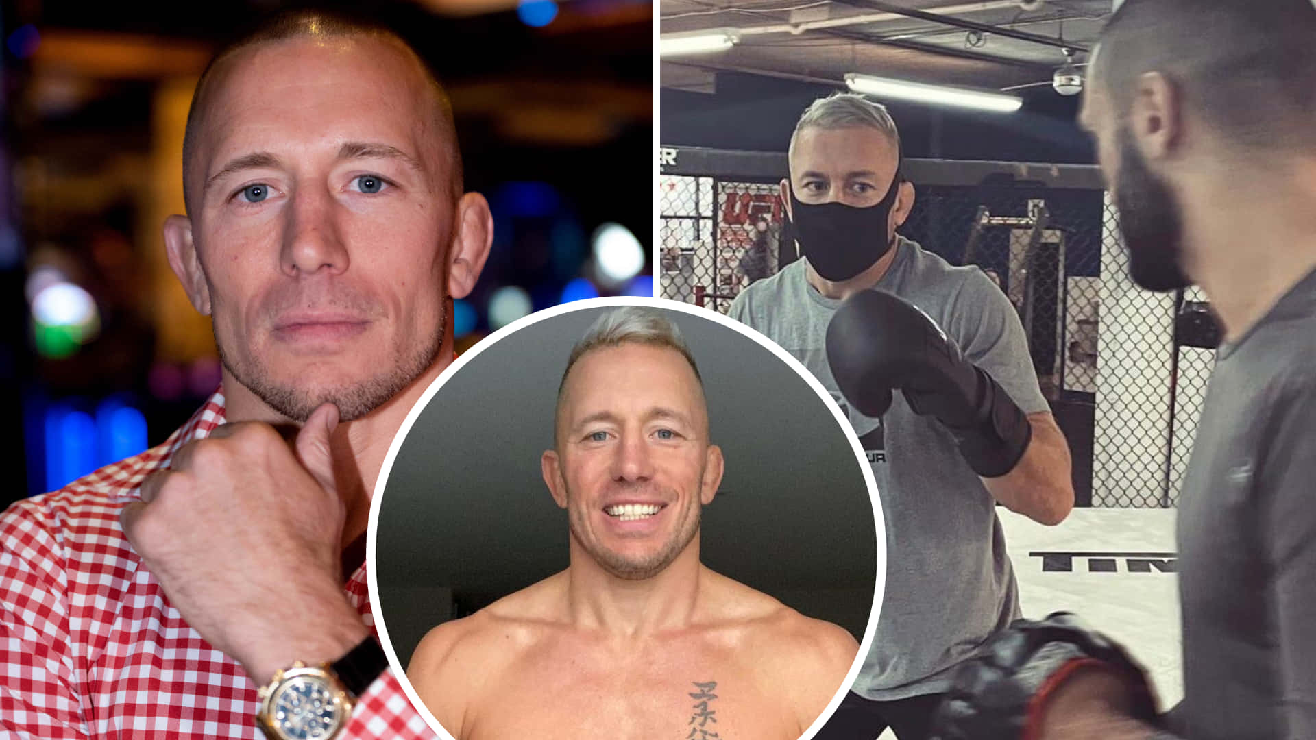 UFC 桌布 壁紙 — 三張圖片的拼貼，展示一個穿著格紋襯衫的男人、一個微笑赤膊有刺青的男人，以及一個戴著面具、戴著拳擊手套在健身房訓練的男人。